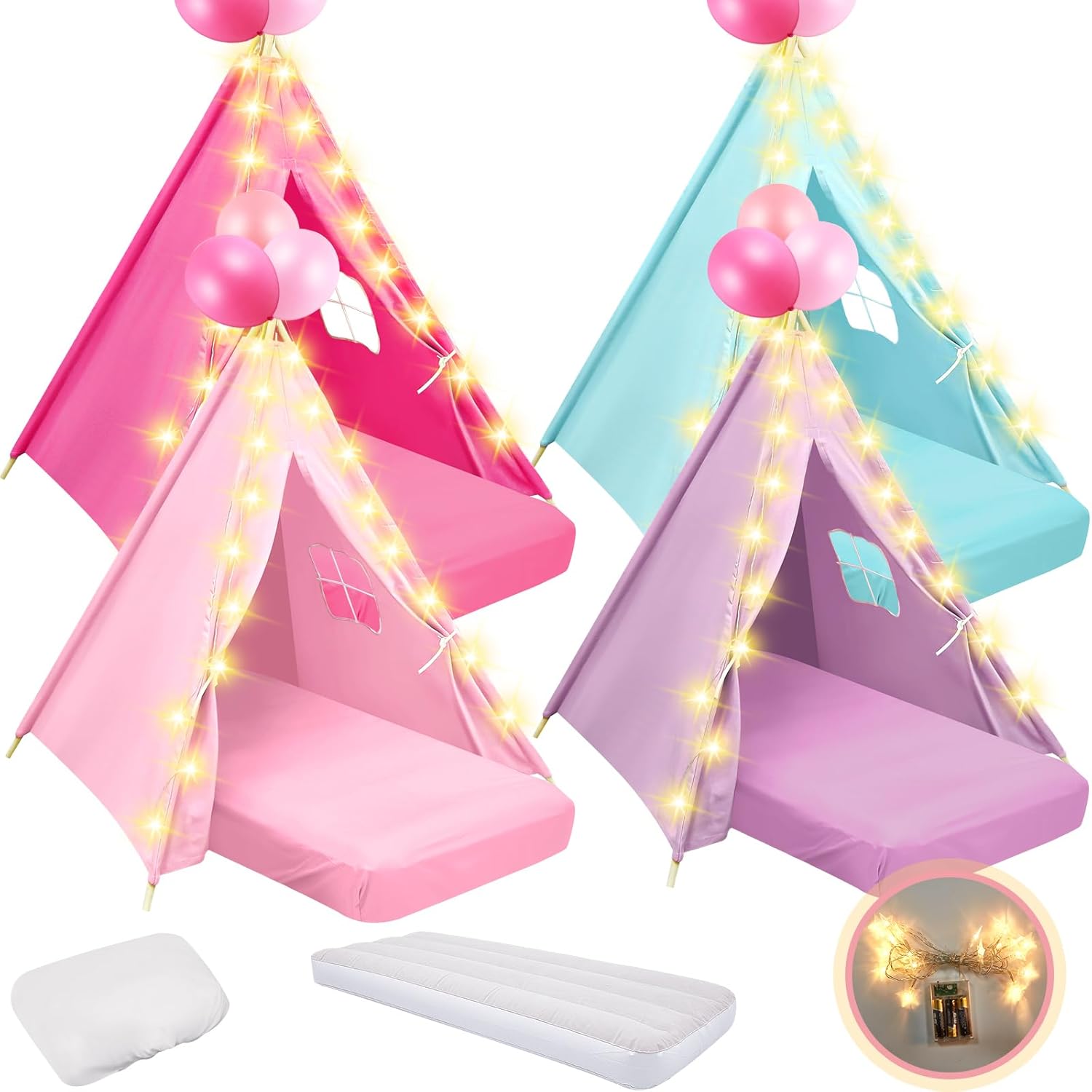 4 Pack Teepee Tent for Kids Slumber Party with Mattress,Fitted Sheet,Light String,Natural Cotton Washable Sleepover Tents for Girls Party Birthday Slumber Movie Night Supplies(Colorful)