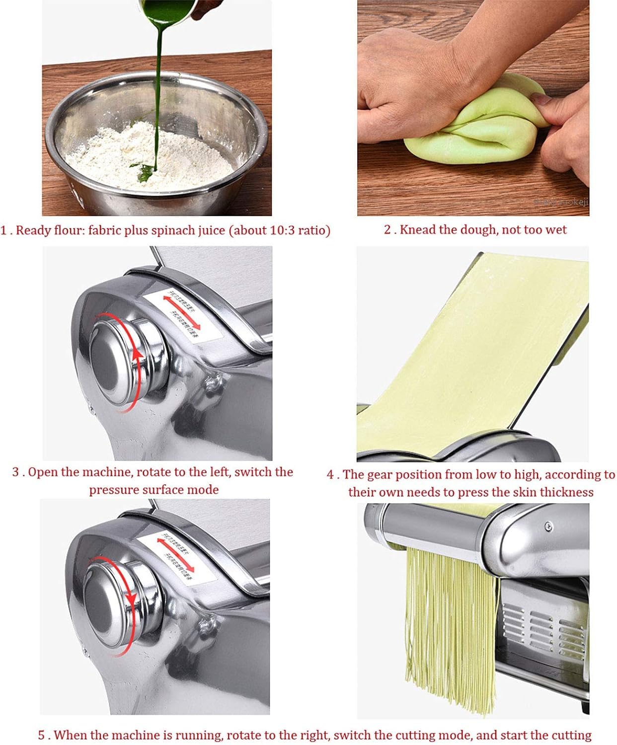 Macchina per Pasta Elettrica Professionale, Impastatrice Automatica con 6 Spessori Regolabili (0,3-4 mm) e Lame Multiple in Acciaio Inox Alimentare per Spaghetti, Pasta per Ravioli e Lasagne,3-Knives