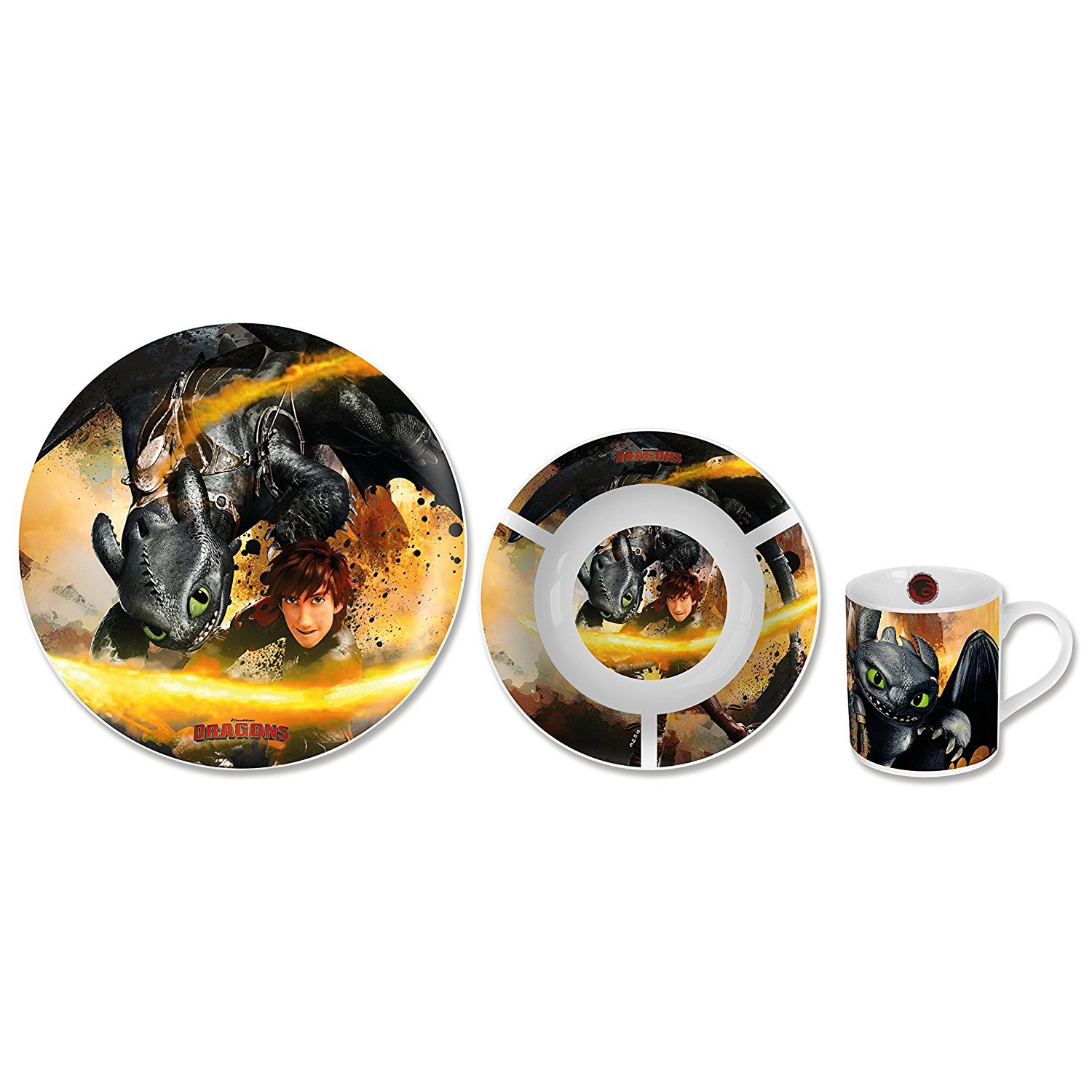 4-teiliges Dragons Geschirrset Für Kinder - Porzellan Teller & Schale Mit Trinkbecher - Drachenzähmen Leicht Gemacht