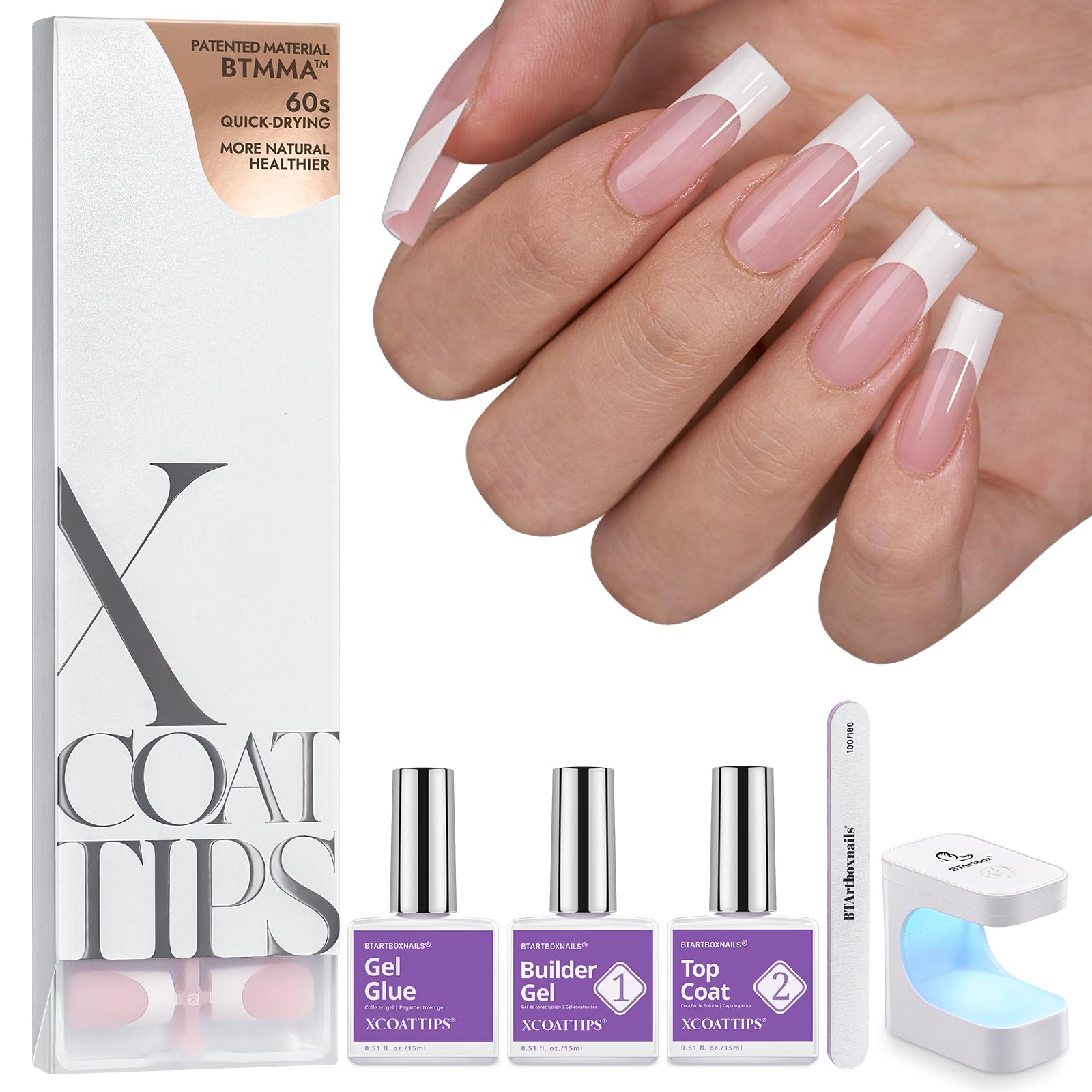 BTArtboxnails XCOATTIPS French Tip Press on Nails - Long Square Nail Tips with Nail Gel, Air-Dry Nail Gl ue, French Protecing Duo, Nail Lamp, All in One Soft Gel Gel Extension Kit