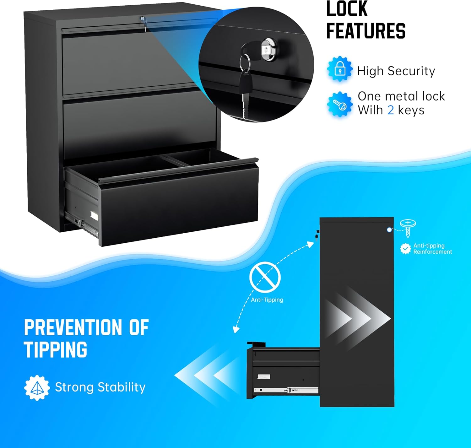 Greenvelly 3 Drawer File Cabinet, Metal Filing Cabinet with Lock, Black Lateral File Cabinet for Home Office, Locking File Cabinet for Letter/Legal/F4/A4 Size Hanging Files, Easy Assembly