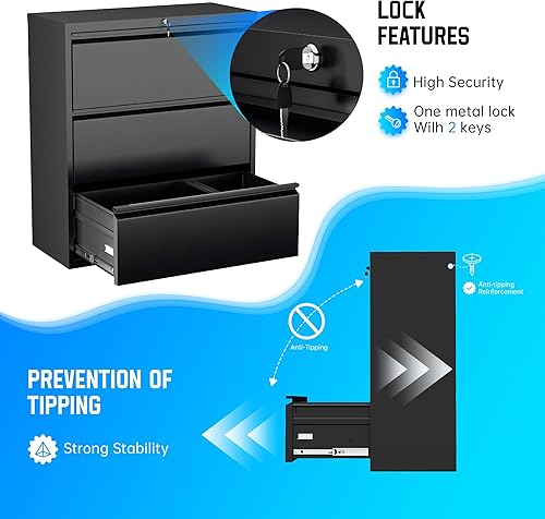 Miniatura 30 de Greenvelly Archivador D de 18 pulgadas, archivador de 3 cajones con cerradura, archivador vertical con bloqueo para oficina en casa, archivador