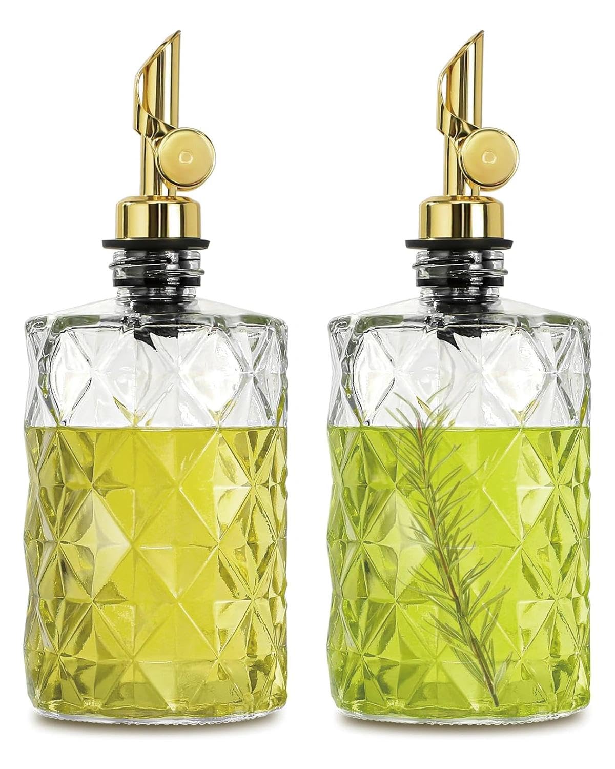 GiftGem 2Pcs Oil Dispenser Bottle for Kitchen, 350ml Diamond Glass Oil Bottle Set with Flip Spout, Decorative Olive Liquid and Vinegar Cruet Drizzler Container