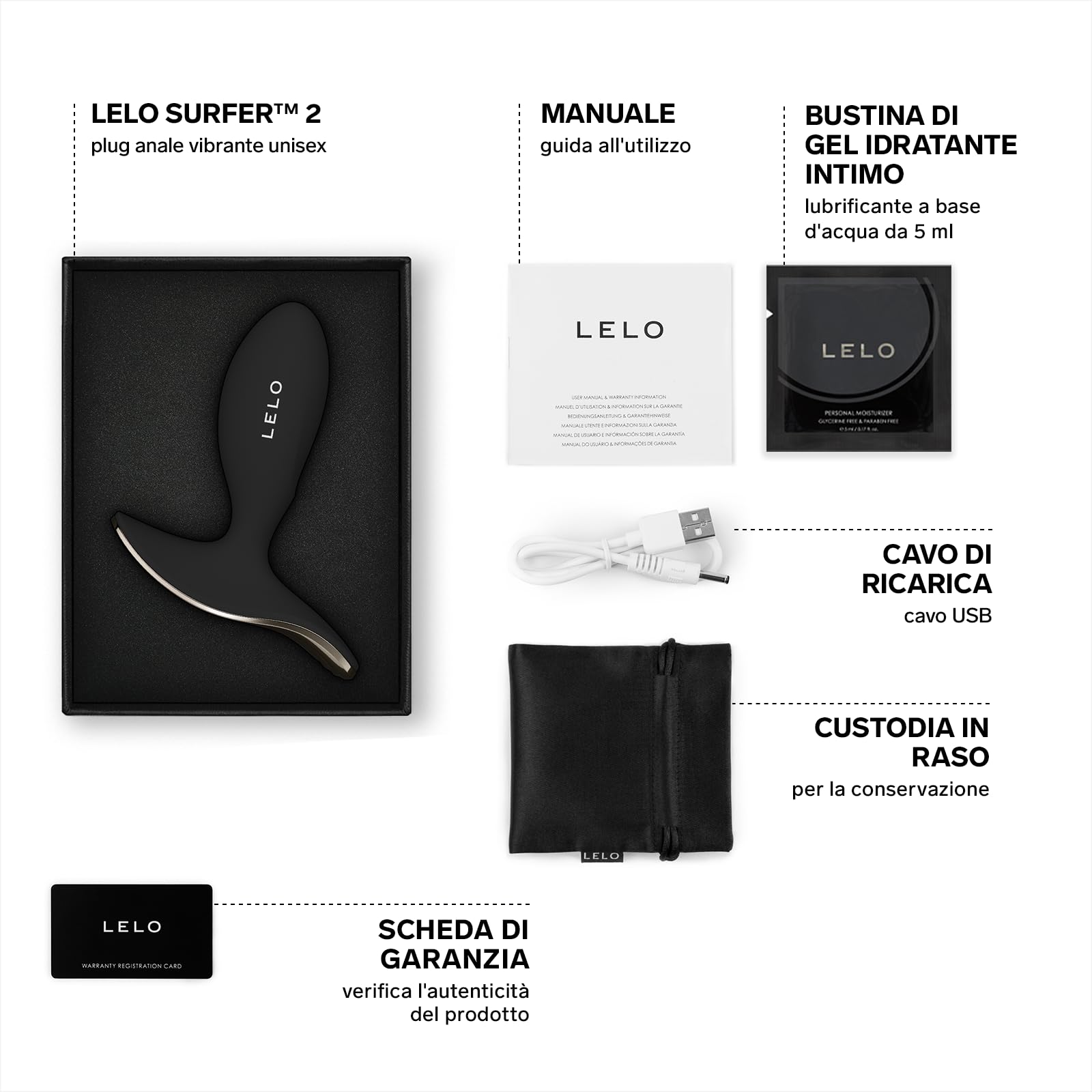 LELO SURFER 2 Plug-anale Dilatatore Donna Vibrante con 6 Modalità di Piacere, Plug-anale Dilatatore Uomo, Plug Anale Silicone, Anal Plug, Vibratore Anale, Giochi Sessuali per Uomo, Black