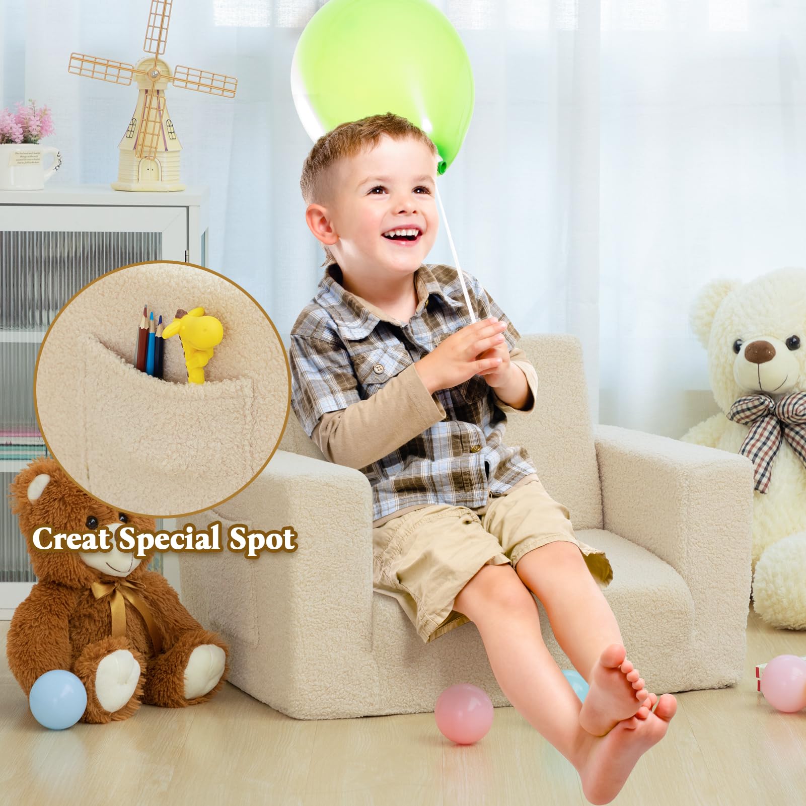 BEJOY Kindersofa Aufklappen 2-in-1 Schlafsofa, Kindersessel, Teddyfell Kinder Couch Sofa Ausklappbar für Kinderzimmer Kindertags- und Geburtstagsgeschenk für Mädchen und Jungen, Hellbeige
