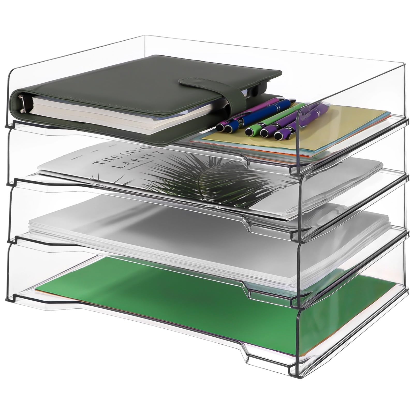 Bandeja de papel transparente, 4 bandejas apilables de 13 x 9.4 x 2.6 pulgadas, organizador de archivos de plástico para escritorio, oficina, escuela, almacenamiento de documentos en casa