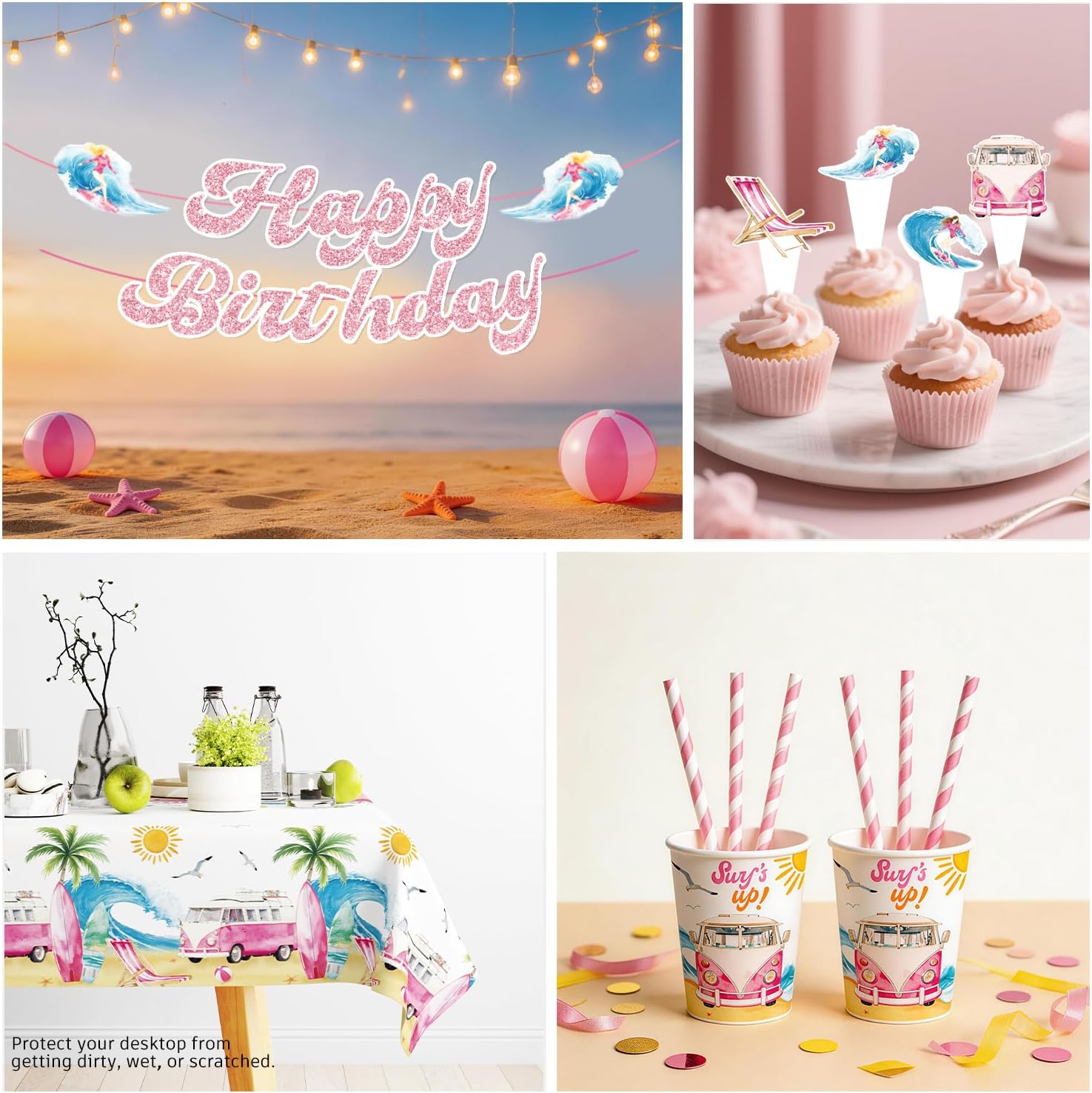 Xynic 205pcs Surf Birthday Party Decorations Complete Tableware Set, for 25 Guests, Beach Birthday Party Decorations, with Banner, Balloons, Cake Cupcake Toppers, Plates, Cups, Napkins, Tablecloth