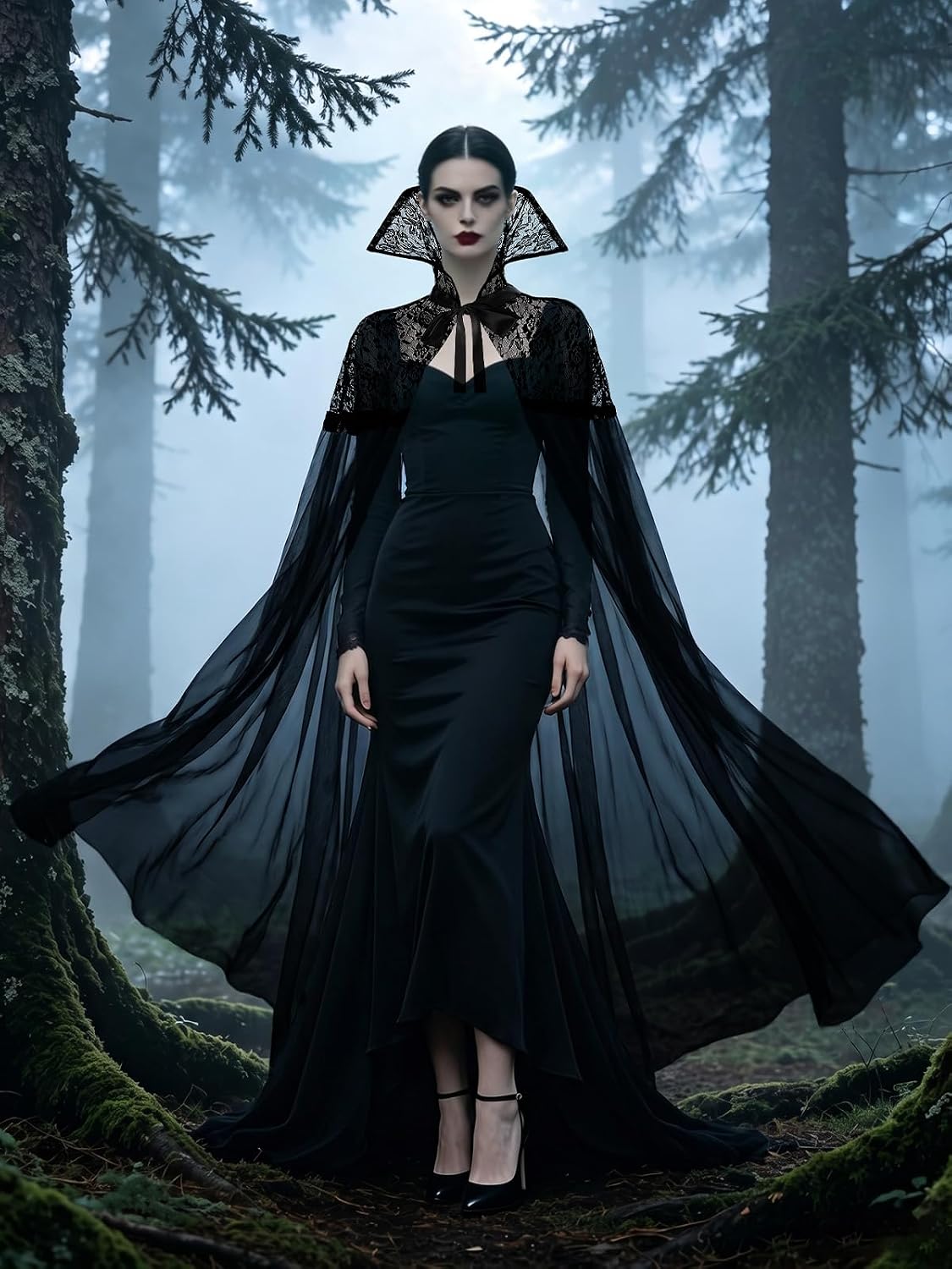 Halloween Black Vampire Cape with Standing Lace Collar Gothic