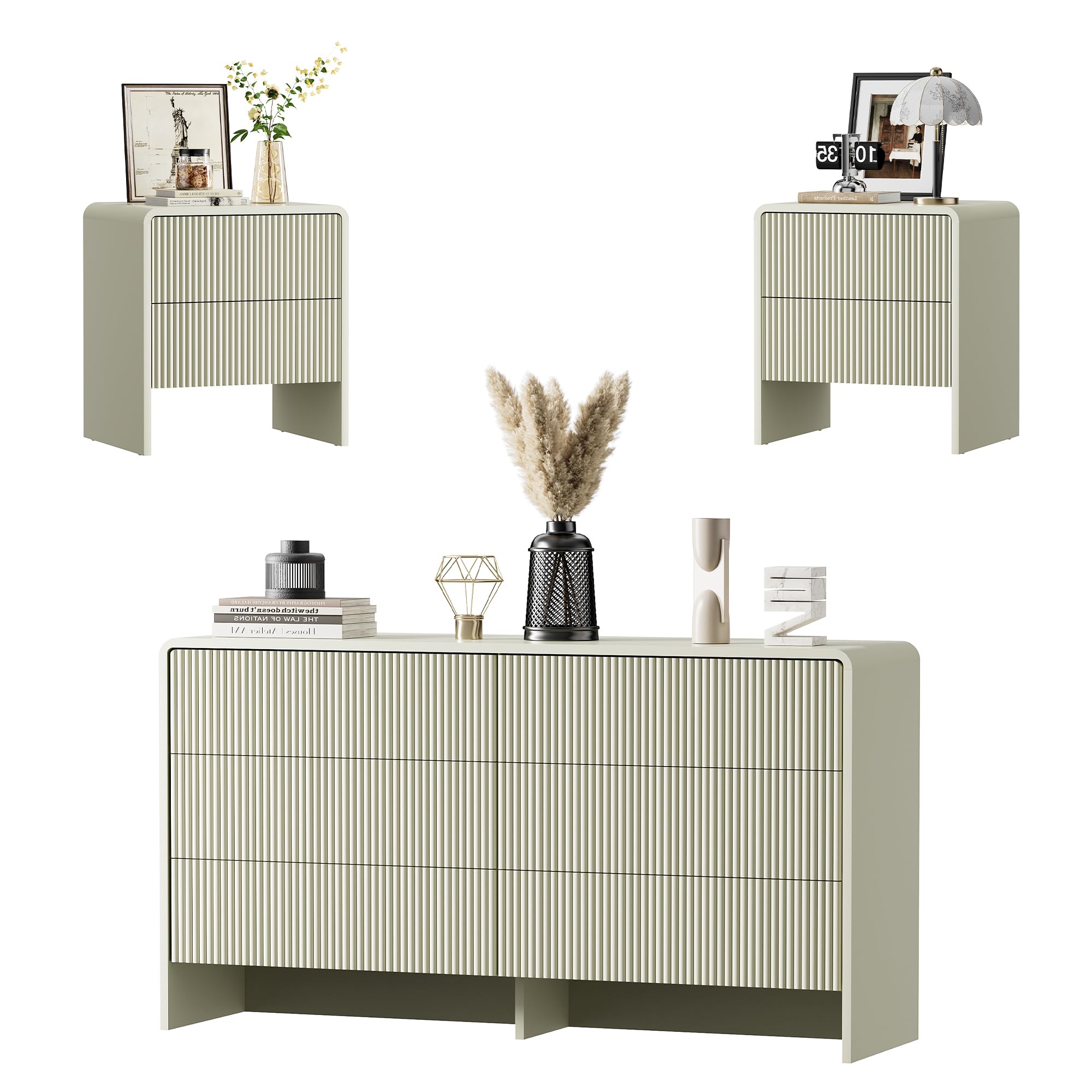 Furniway 3 Piece Bedroom Dresser Set, 6 Drawer Dresser with 2 Nightstands