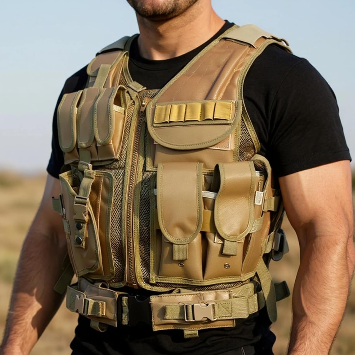 Khaki Airsoft Vest for Men, Combat Gear with Pouches, Breathable, Lightweight & Adjustable, 21.7 X 19.7 in