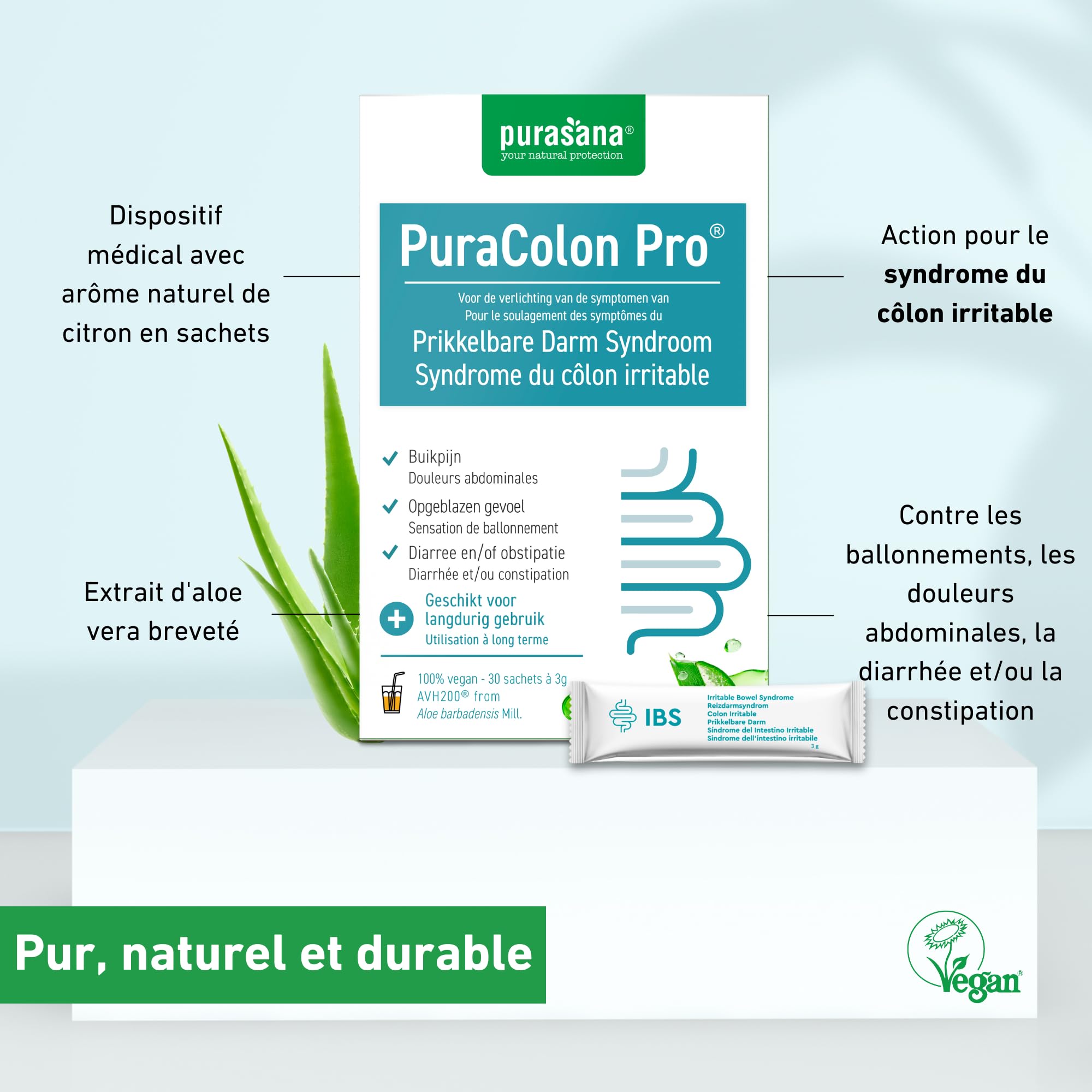 Purasana® PuraColon Pro – 30 Satchets avec 250mg Aloe Vera AVH200® – Soulage le Colon Irritable, la Constipation et Favorise la Detox du Colon
