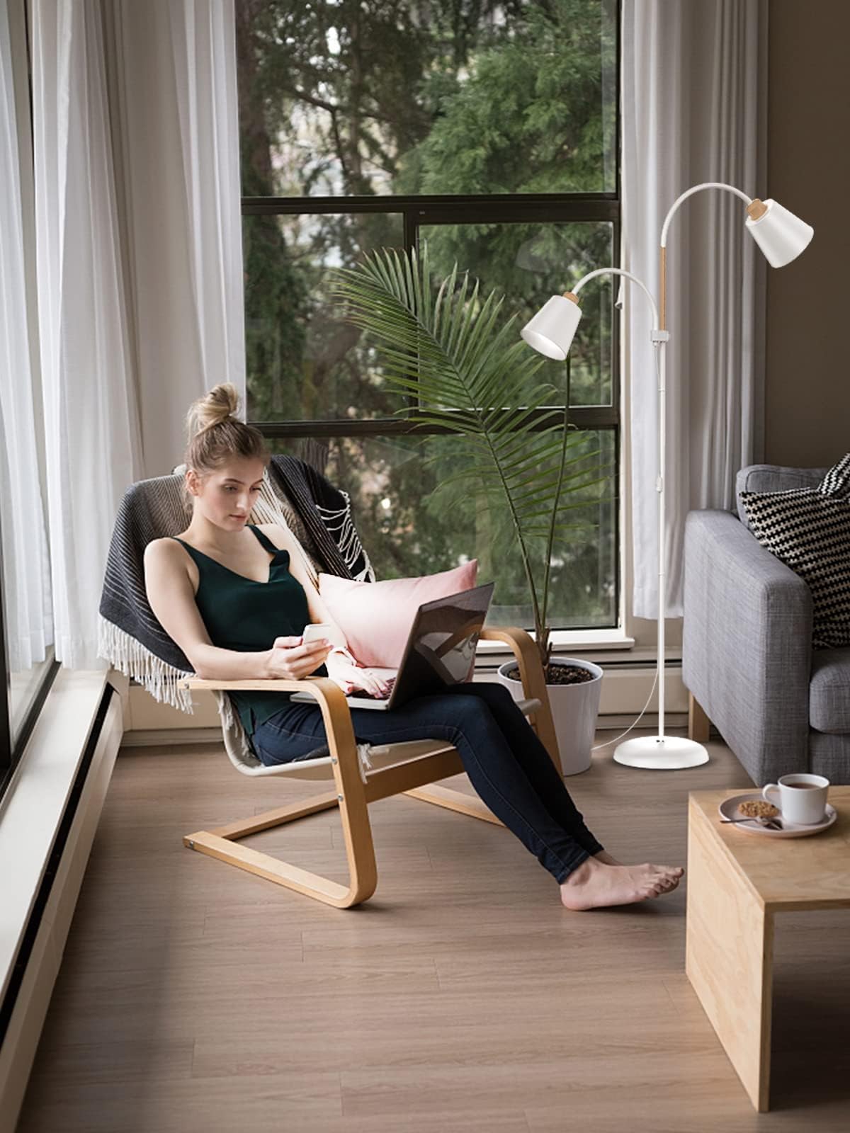 ANTENLICHT Stehlampe mit leselampe Wohnzimmer VILI | E27 Fassung max. 60W | 360° Schwenkbare 2 Lampenköpfe Stehleuchte | moderne Metall Sofa Lampe mit Höhe 159 cm | für Schlafzimmer Weiß ohne Birne