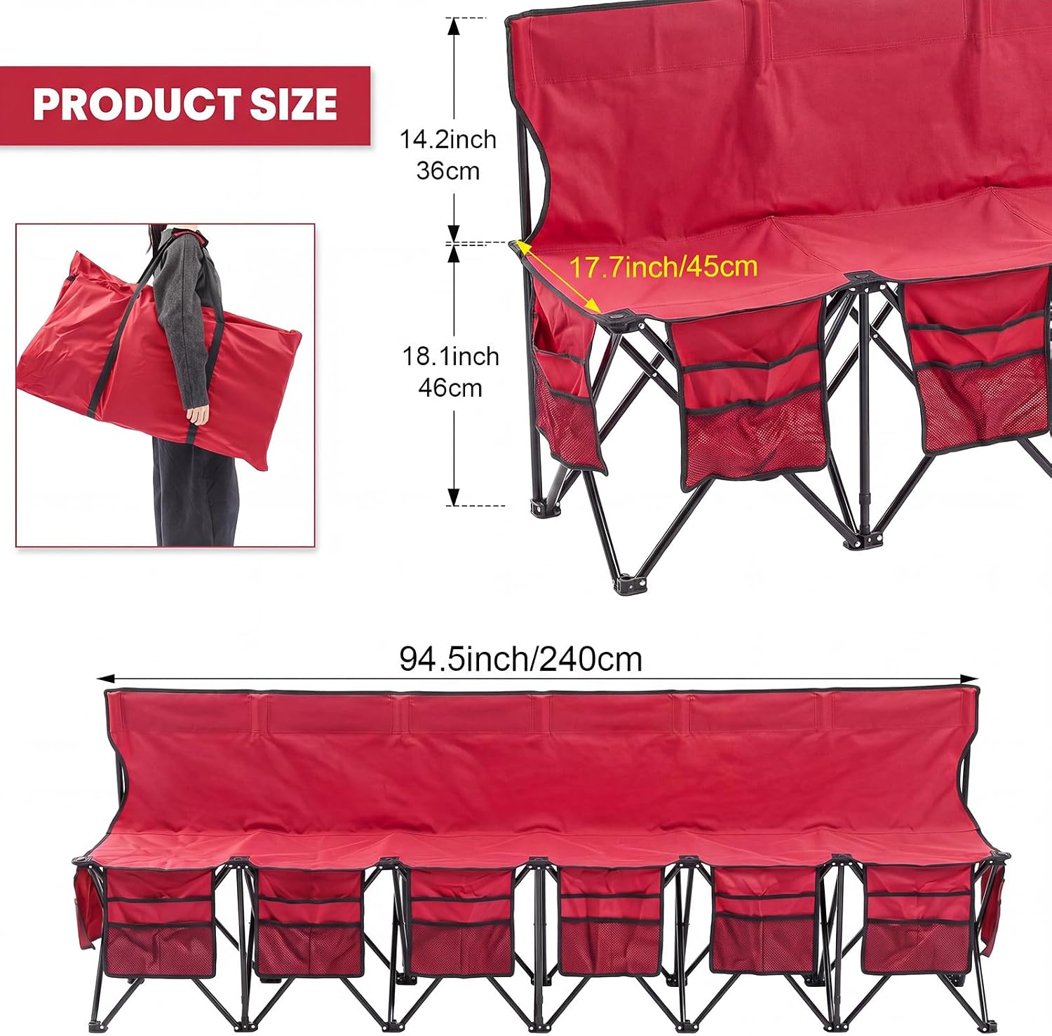 Wonderjune 6 Seat Folding Soccer Bench, Portable Sports Team Bench with Pockets and Carrying Bag for Sports Team Outdoor Camp Travel Soccer Practice (Red)