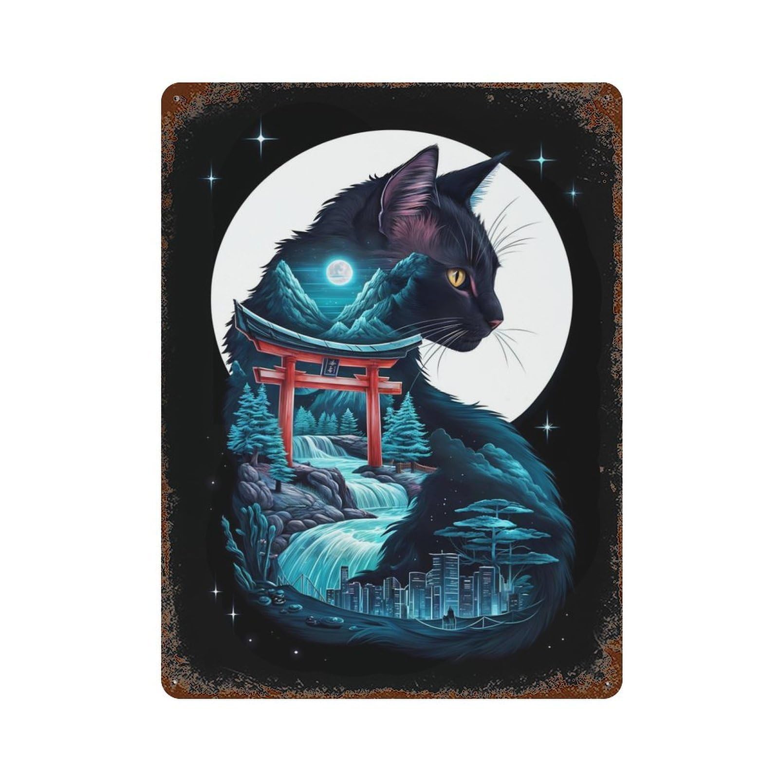 Cat Silhouette Torii Gate Vintage Wall Sign 15.7"x11.8", Rust Effect Metal Decor for Cafe, Home Bar And Lounge Decor