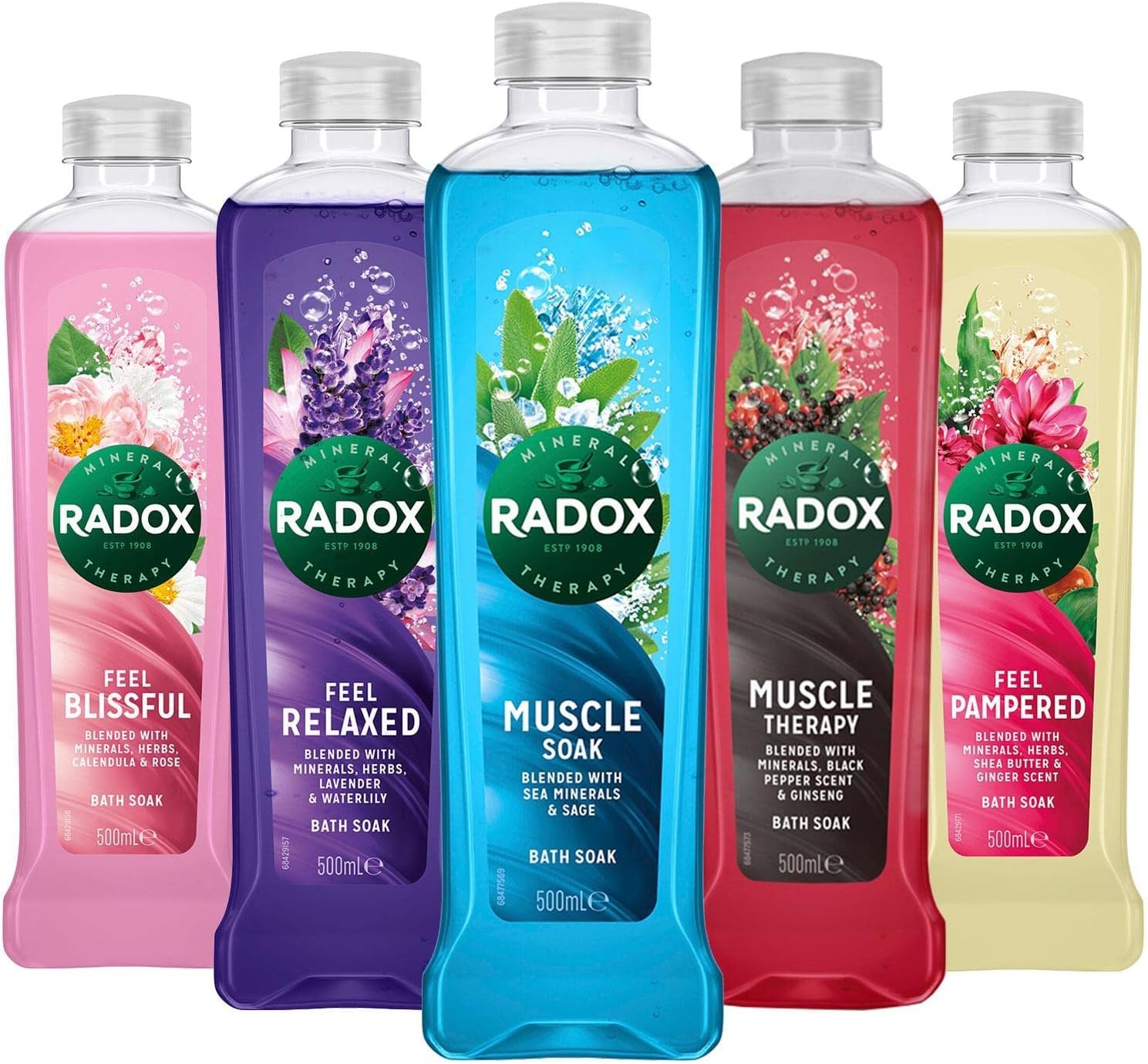 Radox Mixed Pack Bath Soak Pack of 10 x 500ml Bottles (3 x Muscle Soak, 1 x Muscle Therapy, 2