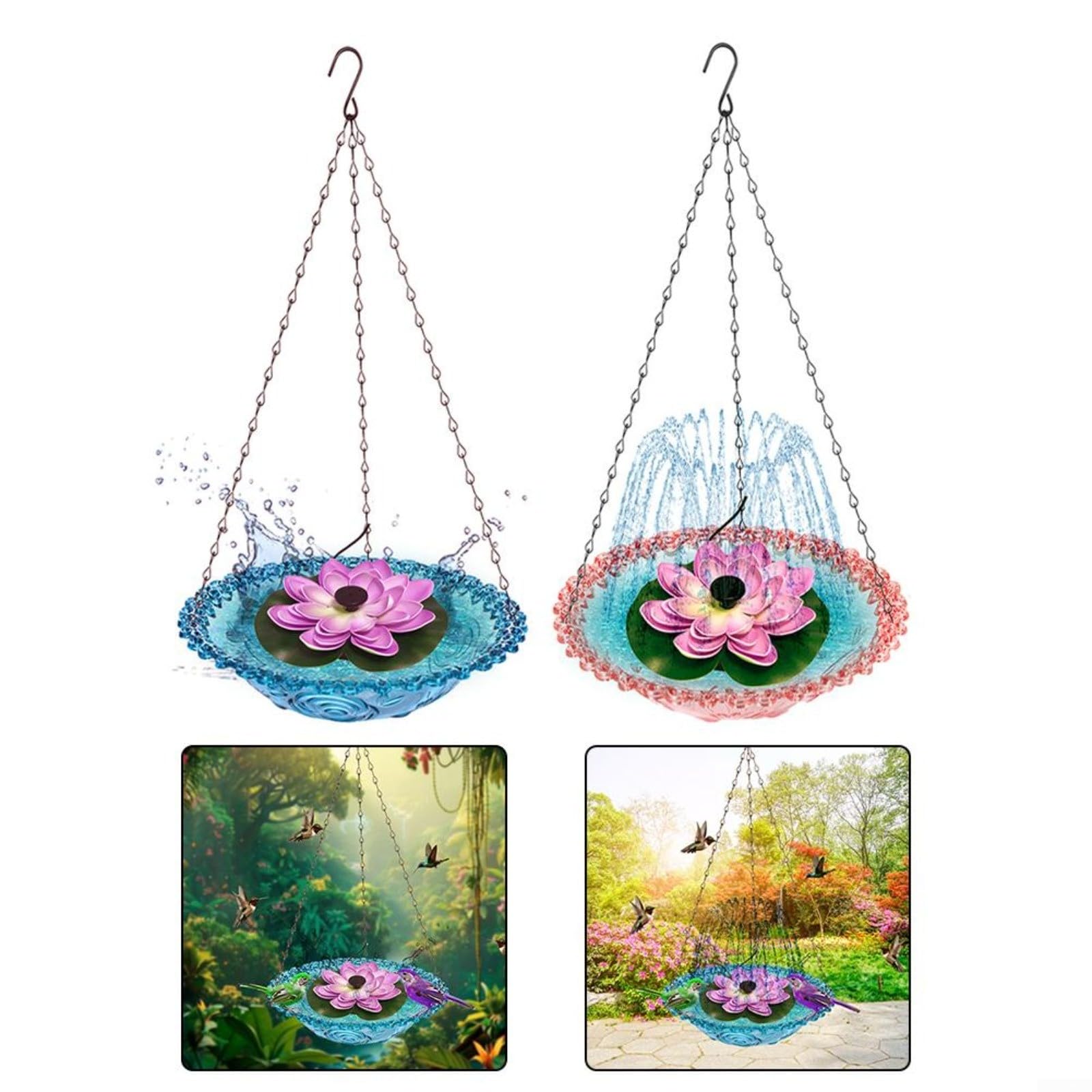 Abbeveratoio per uccelli da appendere all'esterno, alimentato a energia solare, fontana di loto per esterni, giardino, cortile, decorazione ad acqua, 23,5 x 45 cm (blu)