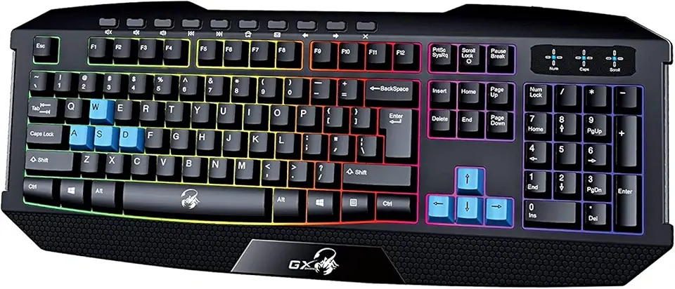 Teclado Gamer Genius Scorpion K215 (USB/Tecla côncava/Multimídia/Resistente à Respingos/Iluminação Rainbow 7 cores/Cabo 1,5m)