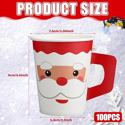 Miniatura 2 de Tioncy 100 vasos de papel desechables de Navidad con asas, 9 onzas, tazas de café de Papá Noel, lindos vasos desechables de chocolate caliente para