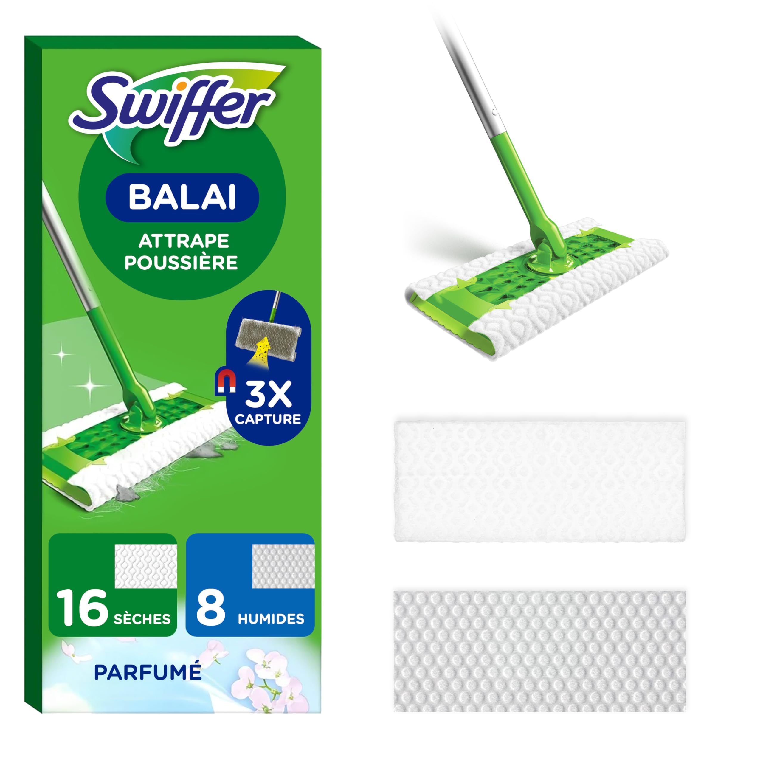 Swiffer Kit Balai Attrape-Poussière Kit + 8 lingettes humides + 16 sèches