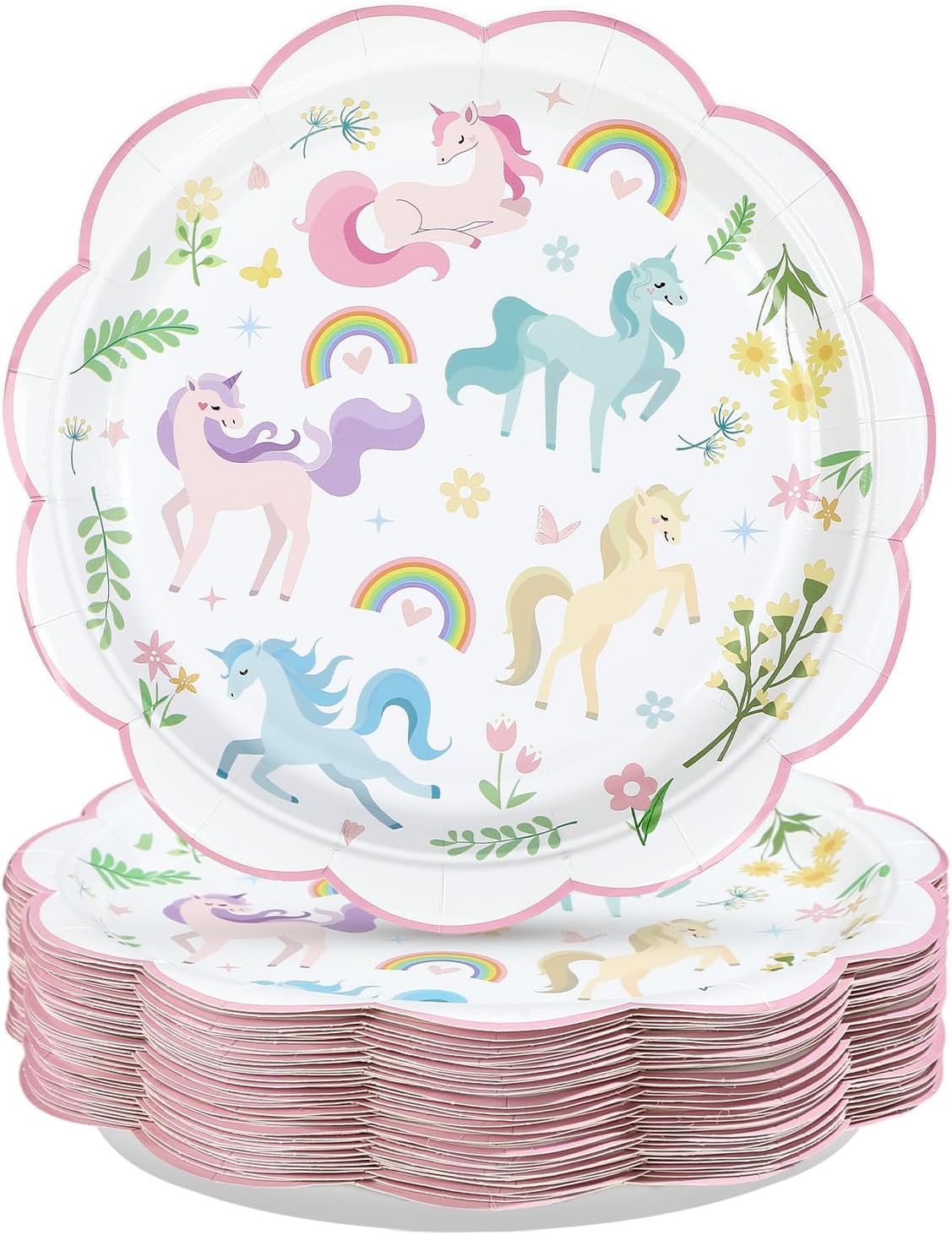 50Pcs Magical Pastel Unicorn Birthday Paper Plates 9 Inch Heavy Duty Pastel Rainbow Disposable Dessert Plates Pink Unicorn Party Decorations for Girls' Birthday Baby Shower Party Supplies