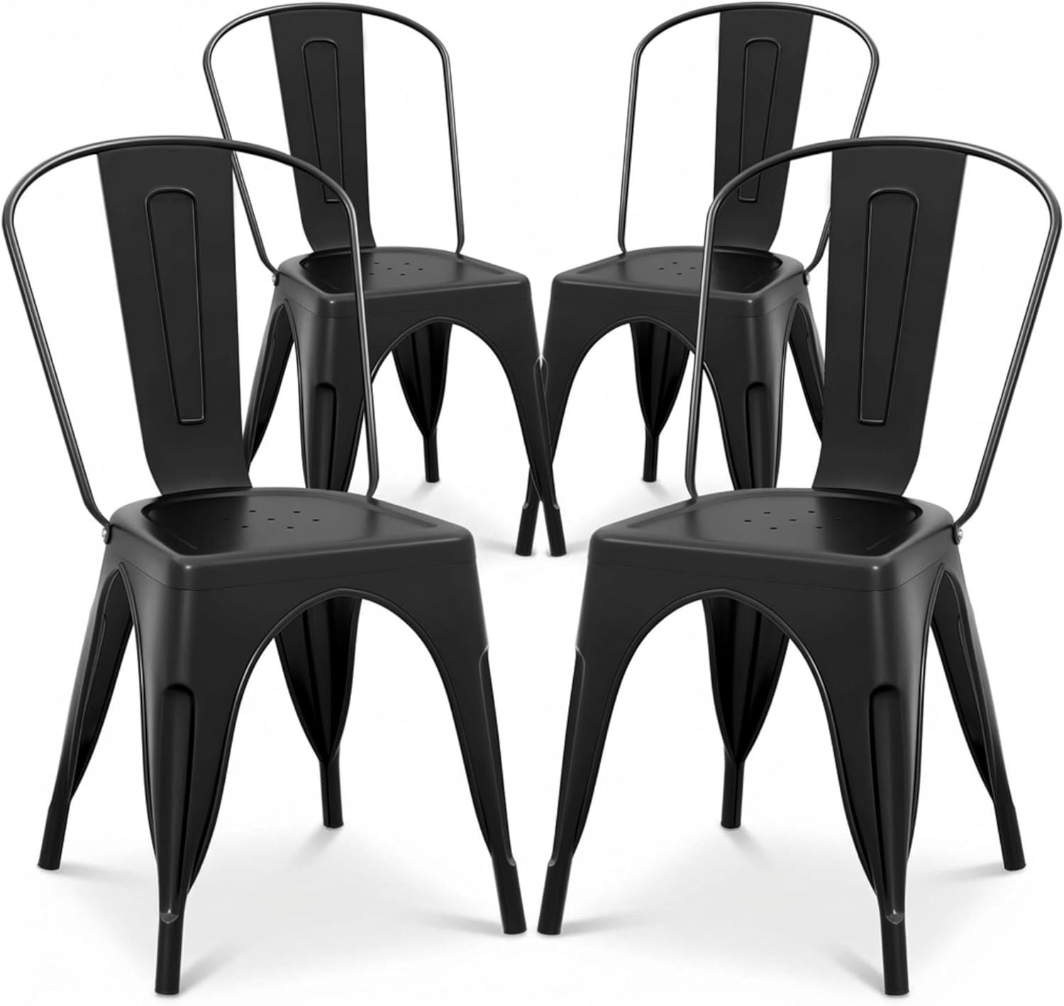 Set of 4 Industrial Metal Dining Chairs – 18" Stackable Tolix Style Kitchen Chairs with Removable High Backrest – Heavy Duty 330 lbs Capacity Steel Side Chairs for Indoor & Outdoor – Black