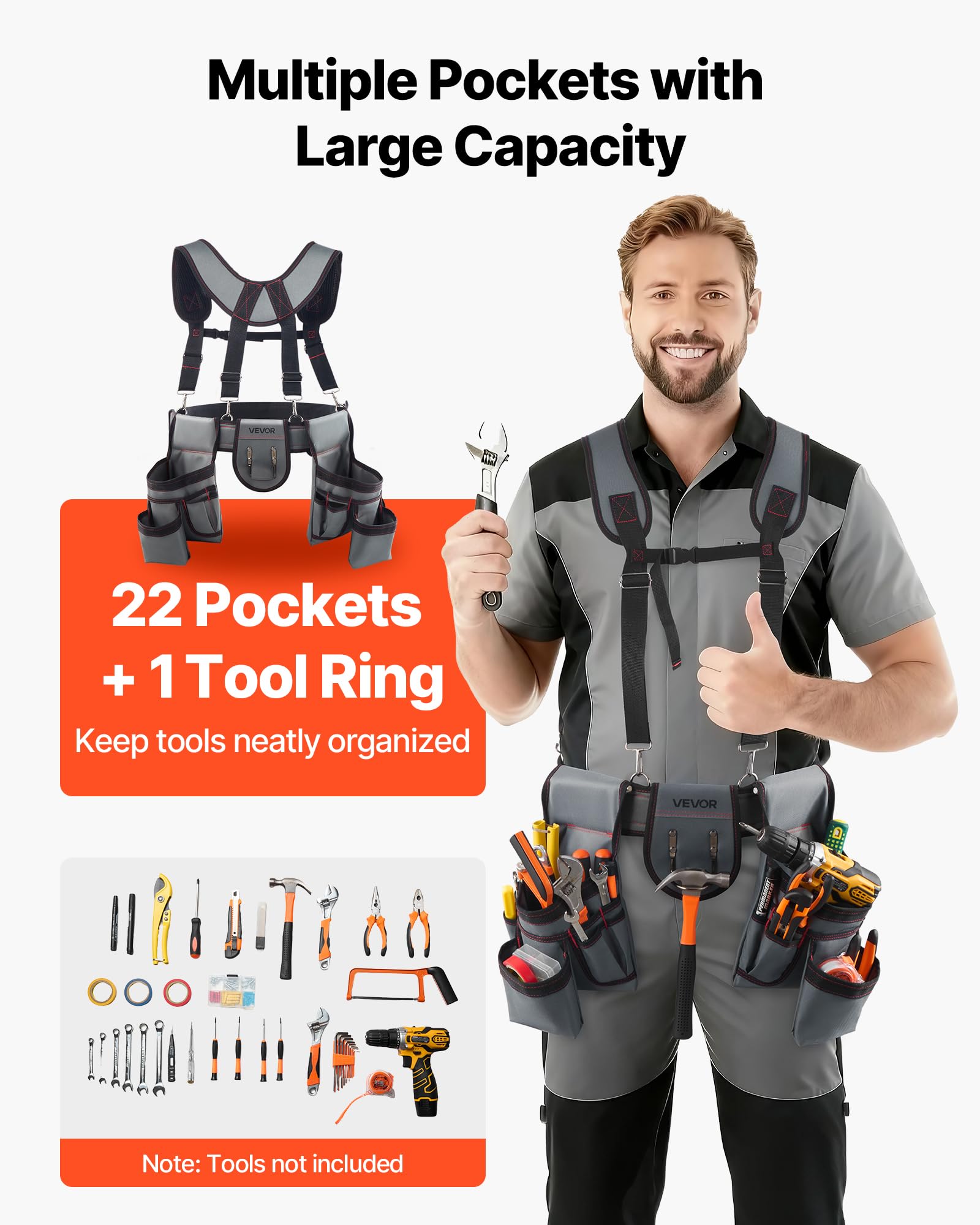 VEVOR Ceinture Porte Outil Bretelles 22 Poches Ceinture à Outils Tour de Taille Ajustable 81-173 cm Sacoche Charpentier Sac à Outils Amovible pour Électricien Construction Homme Chantier Bricolage