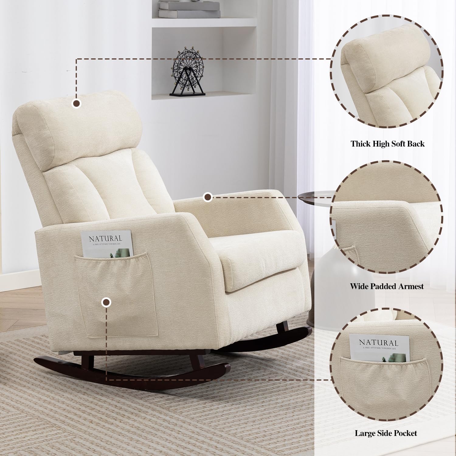 UVV Rocking Chair with Retractable Phone Holder - Modern Glider Recliner Armchair, Wood Legs & Side Pocket, High Back Nursery Accent Chair for Living Room, Bedroom, Beige