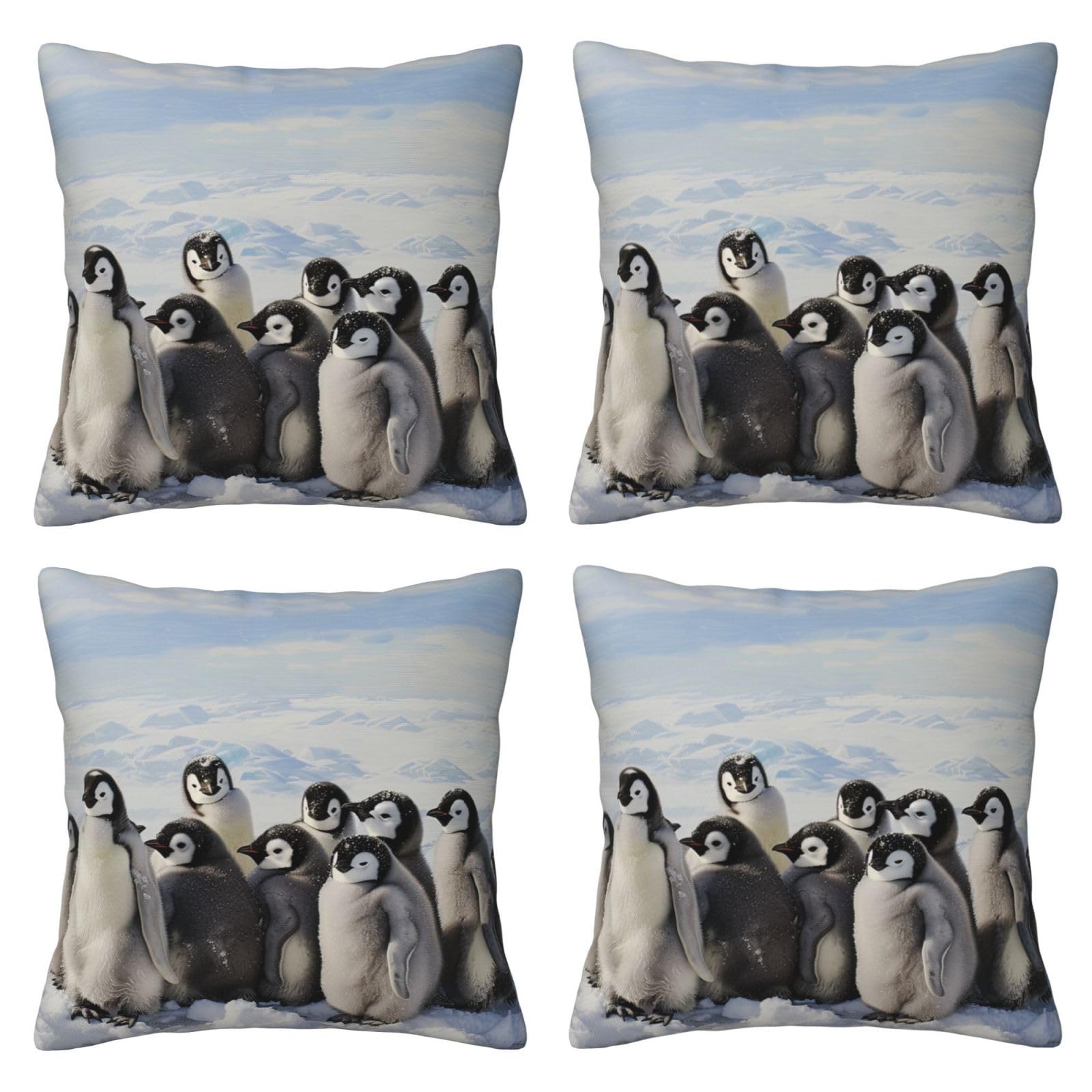 Young Penguins With Snow Throw Pillow Cases 4 Pack Square Pillowcases Super Soft Pillow Protectors With Zipper for Couch Livingroom Sofa Bed Office Car,40x40 CM