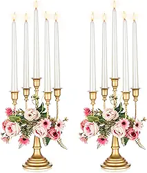 NUPTIO Candelabros dourados conjunto de 2 peças centrais de metal candelabro 5 ramos suportes de vela castiçal lareira recepção de casamento antigo decorativo mesa de jantar Natal