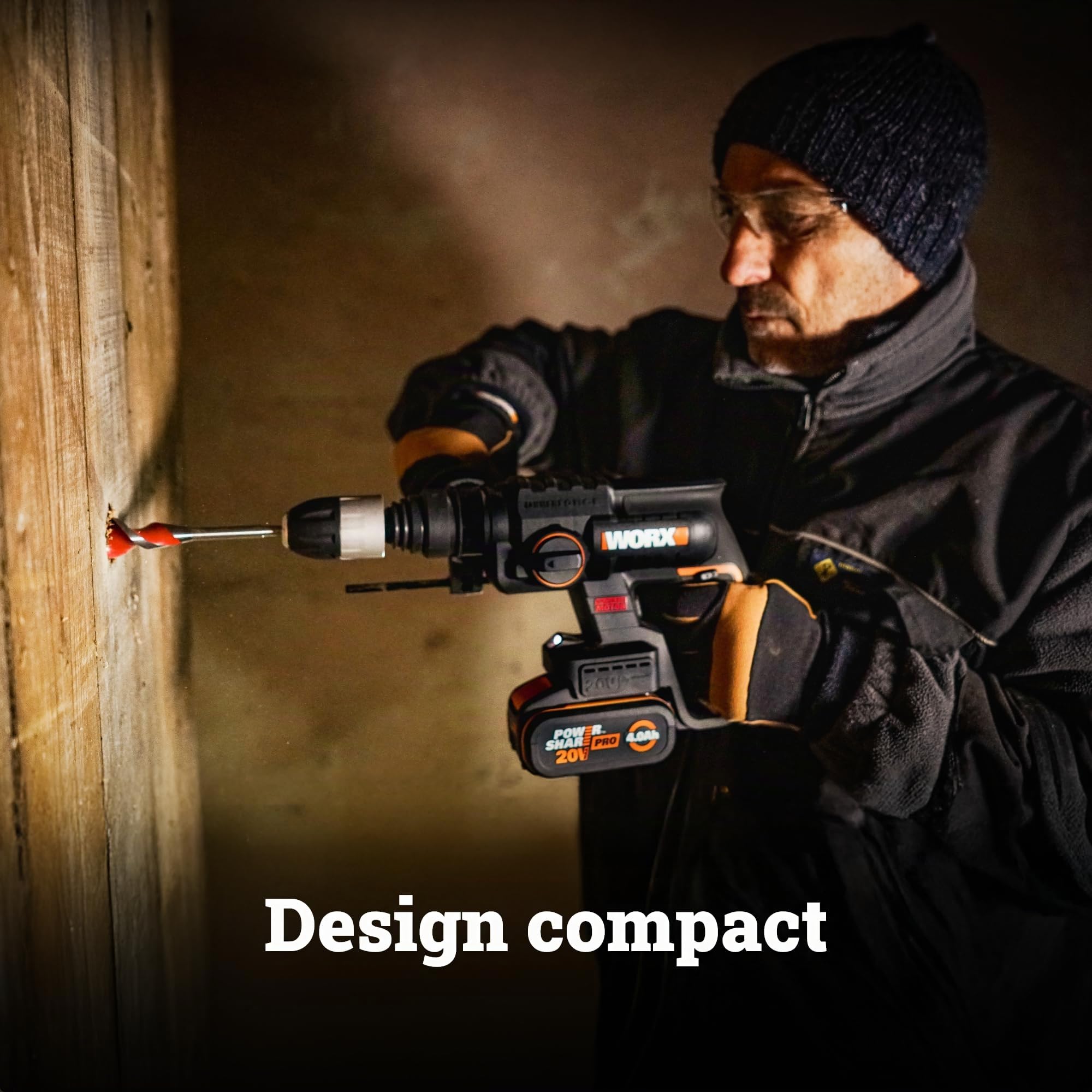WORX Perforateur sans fil Brushless 20V WX381, 2J, 3 en 1, Perçage, Percussion, Burinage dans tous les matériaux, antivibrations, livré avec 1 Batterie 4Ah, Chargeur et Accessoires