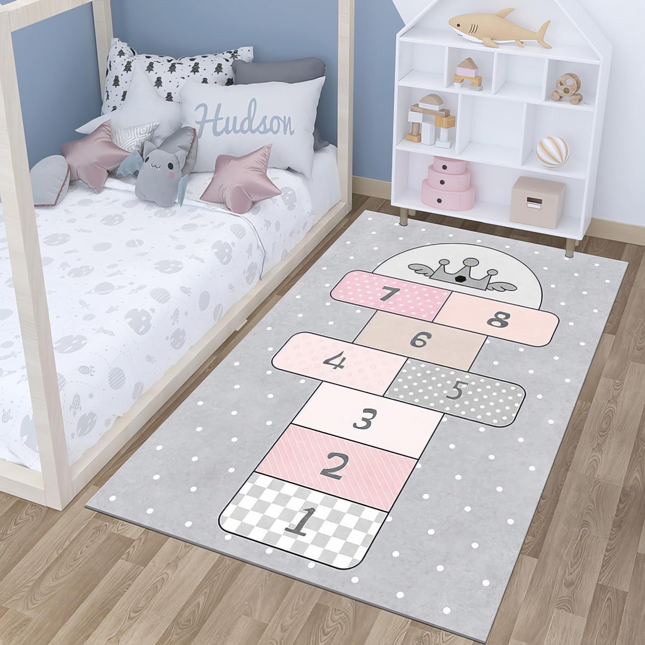 Interaktiver Hüpfspiel Großer Teppich mit Cartoon Motiven für Eltern Kinder Zum Lernen und Spielen Dekoration fürs Schlafzimmer Nachttisch,Spielmatte fürs Kinderzimmer (Gray,140x200 cm)