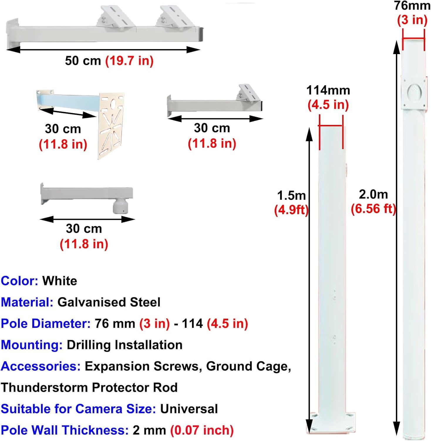 Universal 4-Camera Yard Security Pole, 3.5m (11.5ft) Height with 4 Mounting Arms, Durable Surveillance Monitoring Solution for Outdoor Security Systems