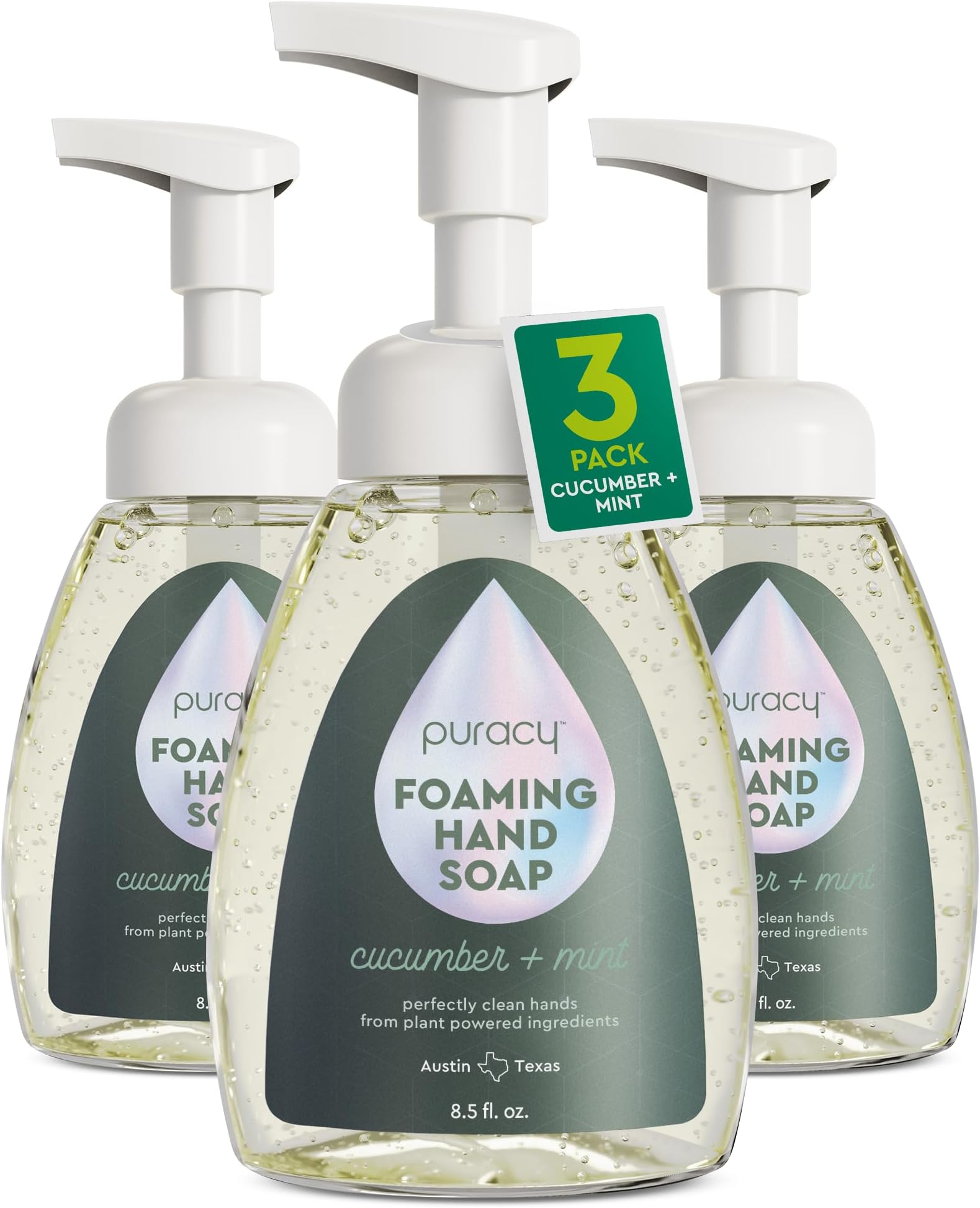 Puracy Foaming Hand Soap - Plant-Powered Natural Hand Soap As Seen on TikTok, Non-Toxic, Sulfate-Free Liquid Soap, Moisturizing Foam Handwash Liquid (Cucumber & Mint, 12 fl oz, 3-Pack)