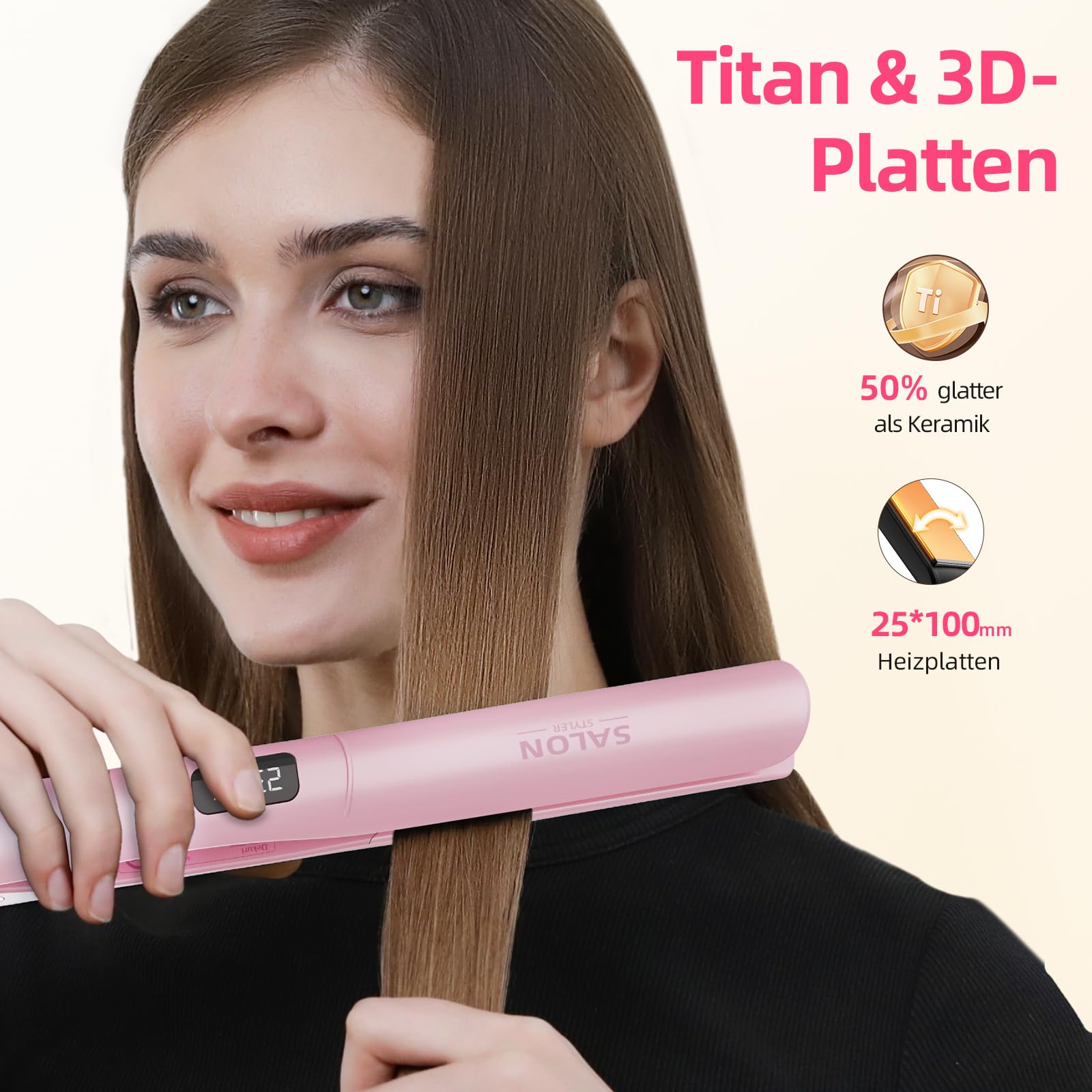 Dekuri 2 in 1 Glätteisen Locken und Glätten, Glatte Titanplatte Haarglätter, 30s Schnellaufheizung, 120-230℃ LED Display, Ionische Haarglätter für Frauen - Rosa