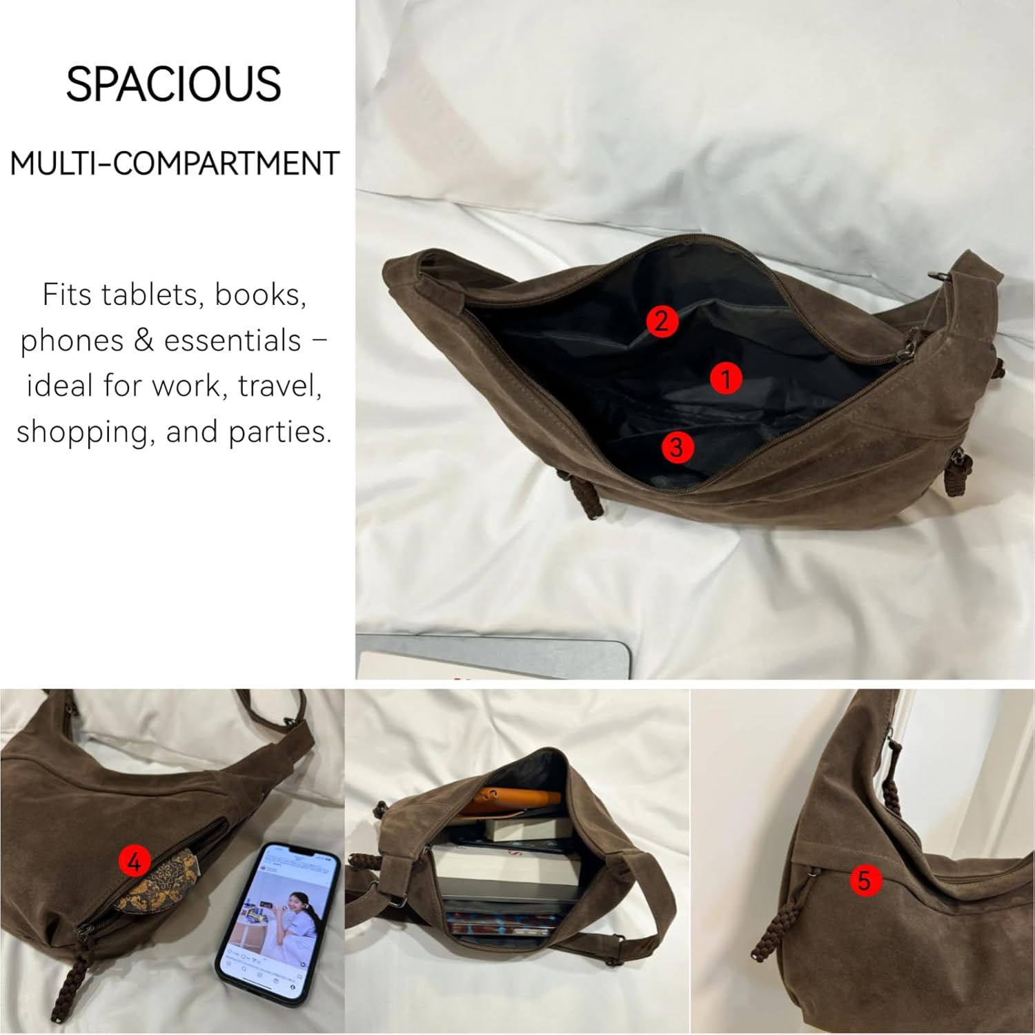 Women's Crescent Crossbody Bag – Large Capacity Suede Sling Bag, Travel Shoulder Bag for Women, Tote Purse - Image 7