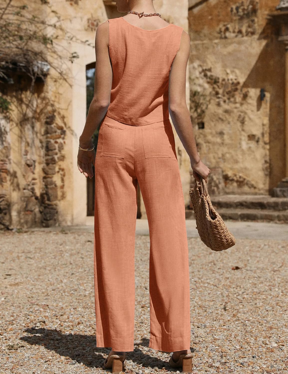 ROYLAMP Women's Summer 2 Piece Outfits Sleeveless Square Neck Tops Wide Leg Pants set Jumpsuit with Pockets - Image 4