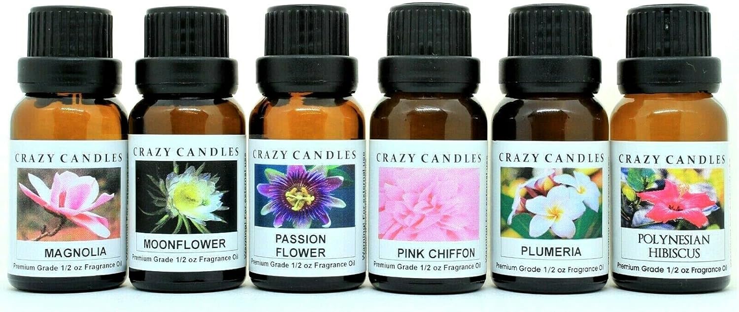 Crazy Candles 6 Bottle Set: Magnolia, Moonflower, Passion Flower, Pink Chiffon, Plumeria, Polynesian Hibiscus 1/2 FL Oz Each (15ml) Premium Grade Scented Fragrance Oil