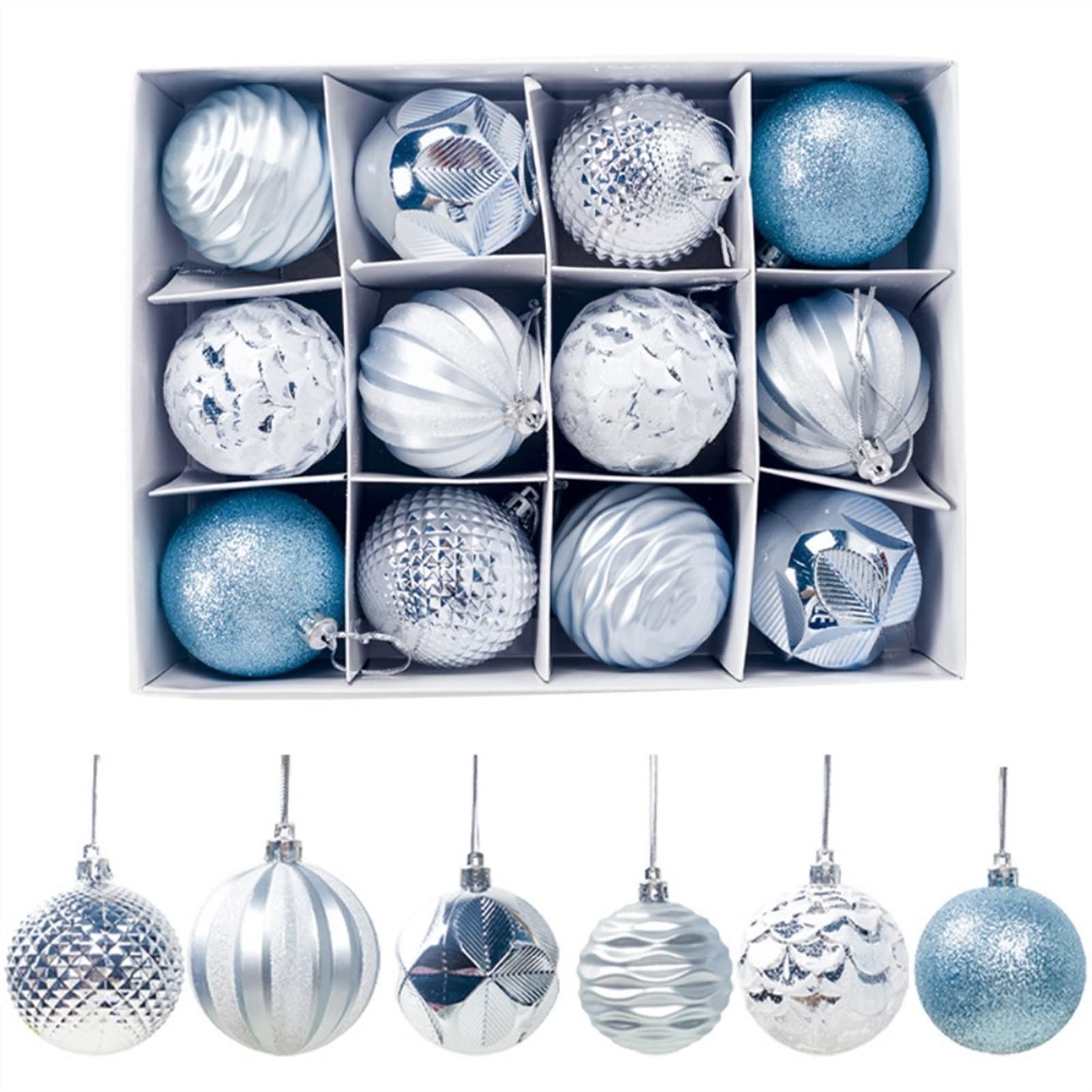 RWRAPS Weihnachtskugeln, Weihnachtsbaum-Dekor, Kugel, Weihnachtsfeier, hängende Kugel, Ornament, Dekorationen, Zuhause, Weihnachtsdekoration, Geschenk, 12 Stück/Los, 55 mm (Farbe: Silber) (blau)