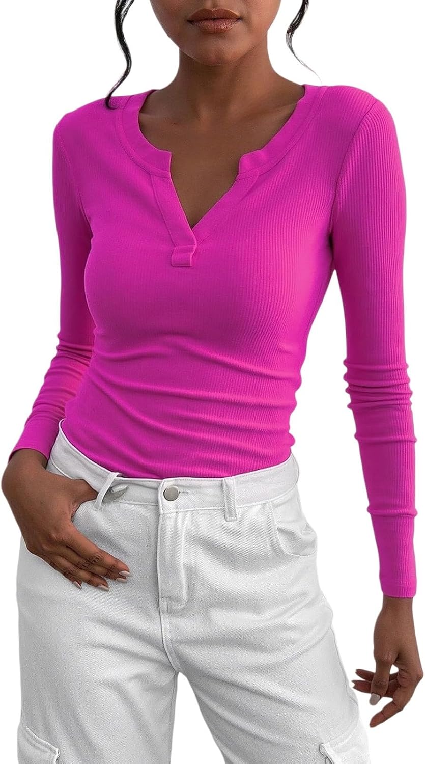 Womens Cotton Long Sleeve Shirts V Neck Henley Tops Slim Fit Basic Going Out Tshirts Fall Fashion Outfits