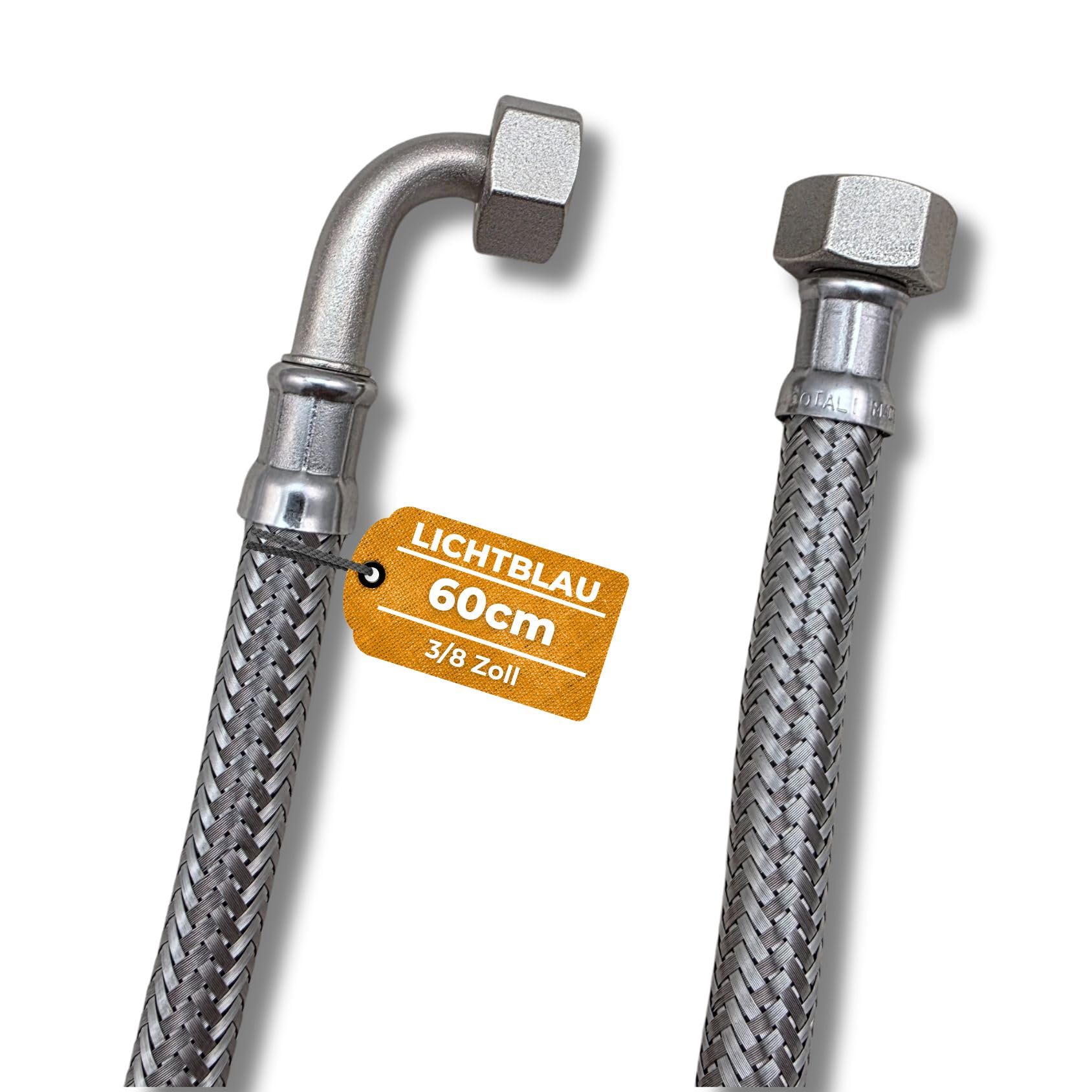 LICHTBLAU Manguera de acero inoxidable resistente a dobleces, 60 cm, 3/8 pulgadas, con ángulo de 90°, adecuada para agua potable, válvula de esquina, grifo de cocina, baño, inodoro y cisterna