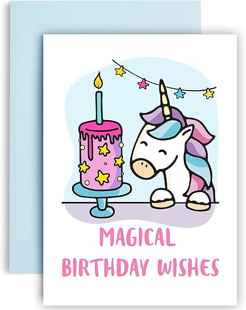 Huxters Unicorn Birthday card for girl kids - A5 Unicorn Happy Birthday Card - Unique Gift for Kids - Includes Envelope - Fun Slogan Illustrated Greetings Card, Unicorn Cake Card A5
