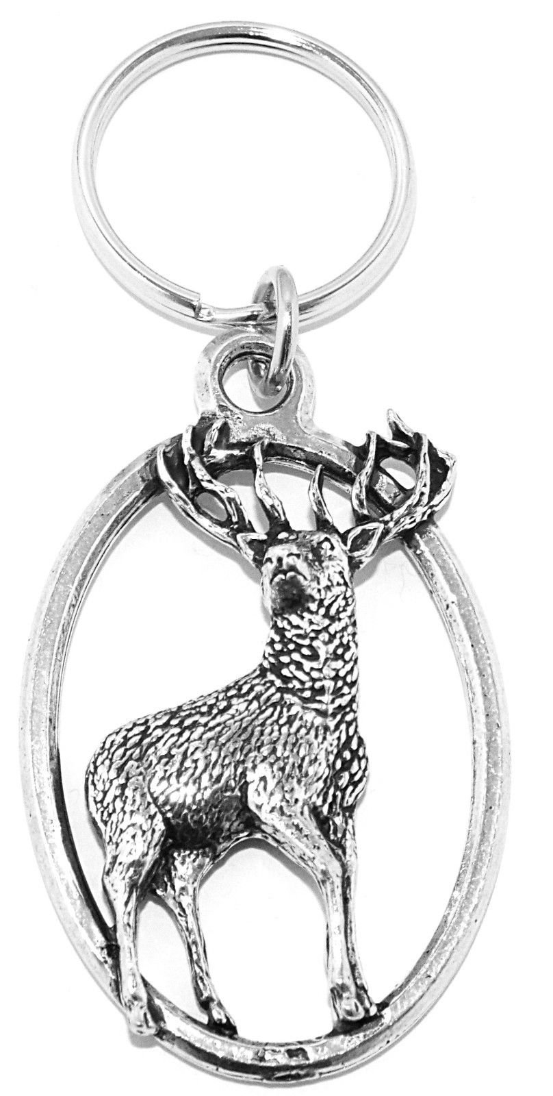 Stag Deer Keyring (English Silver colour Pewter in a burlap gift pouch)