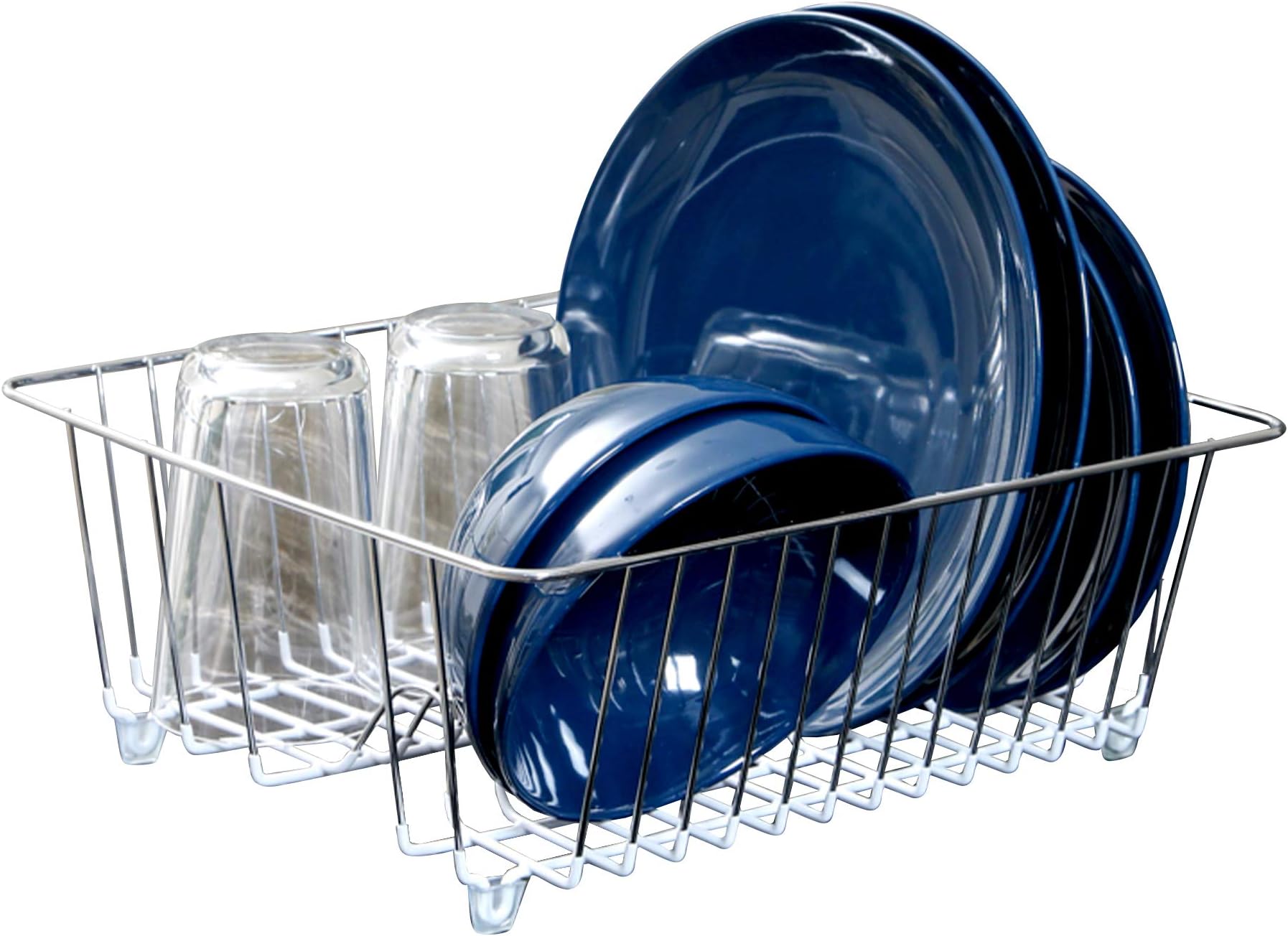 Smart Design Dish Drainer Rack - Small - in Sink or Counter Drying - Steel Metal Wire - Cutlery, Plates, Dishes, Cups, Silverware Organization - Kitchen Chrome with White Grip - 14 x 5.5 Inch