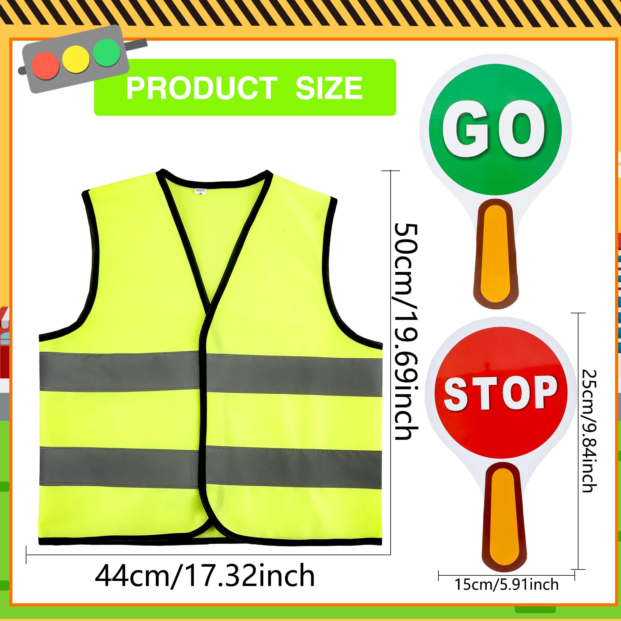 6 Pcs Kids Crossing Guard Set Include 3 Pcs Police Traffic Vest3 Pcs Handle Stop and Go Sign for Children Red Green Light Sign Traffic Theme Party Decor Teaching Traffic Safety - Image 2