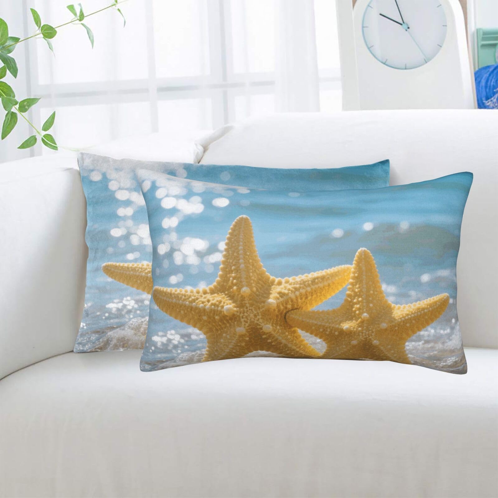 2 Pack Standard Pillowcases Sets, Ultra Soft Comfort Microfiber Plush Pillow Cases Yellow Starfish On Beach Decorative Throw Pillow Cover with Hidden Zipper for Bedroom, Sofa, Couch,16"X24"