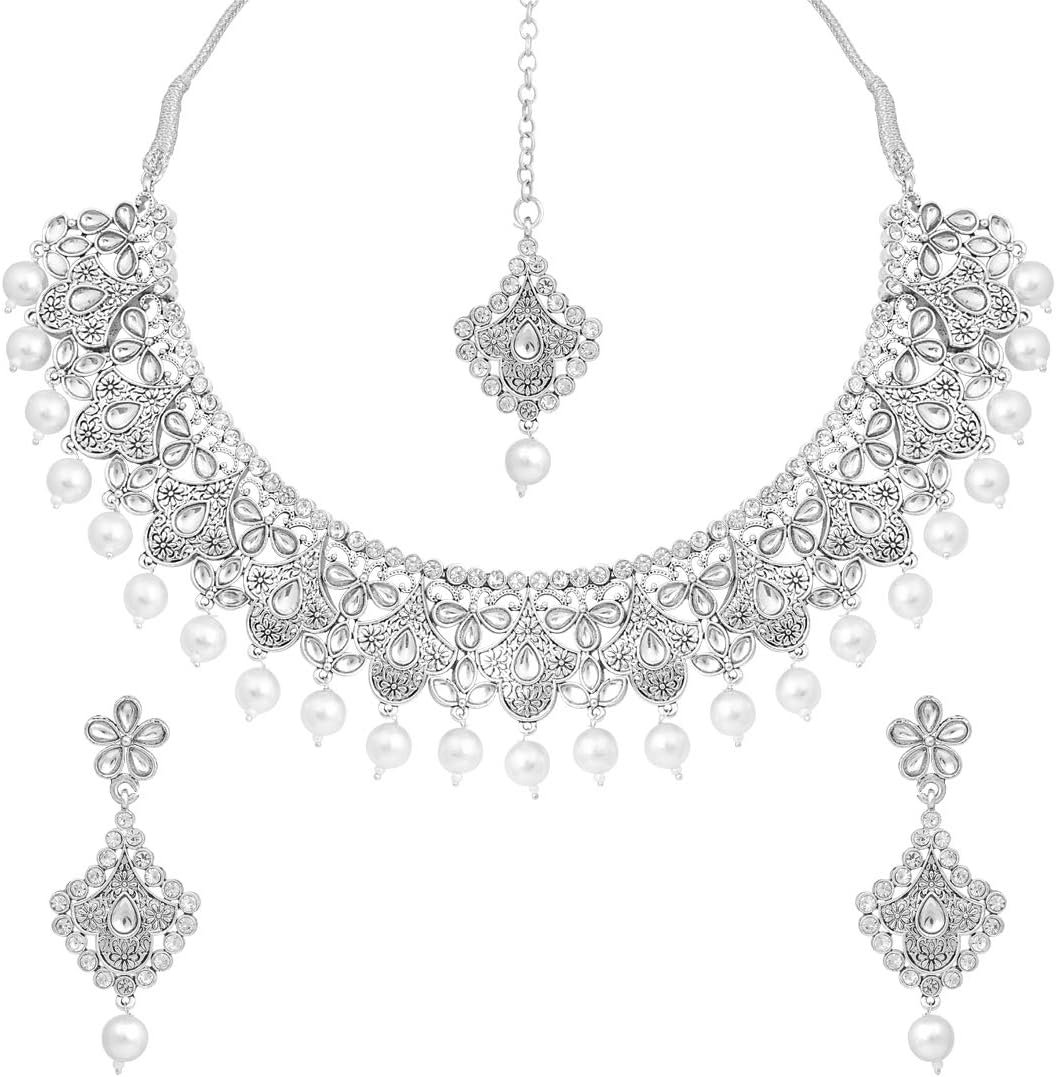 Matte Finish Traditional Indian Necklace Earrings Maang Tikka Set Wedding Party Bollywood Fashion Jewelry for Women