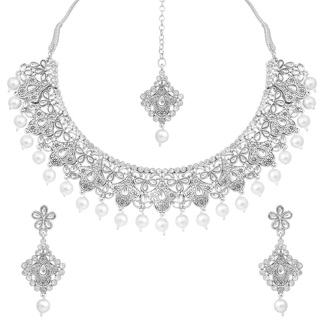 Matte Finish Traditional Indian Necklace Earrings Maang Tikka Set Wedding Party Bollywood Fashion Jewelry for Women
