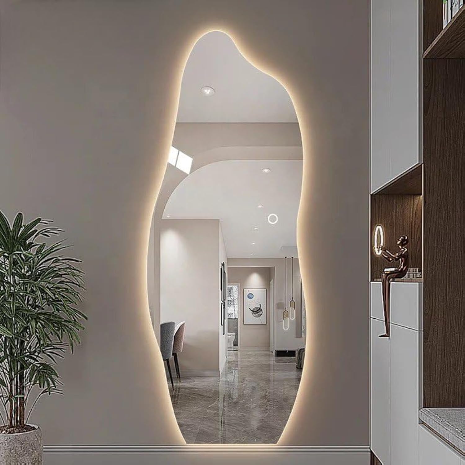 Generic Full Length Mirror Standing Hanging or Leaning Against Wall Large Bedroom Mirror Floor Mirror Dressing Mirror Wall-Mounted Mirror Wood Frame Round 3 Color LED Light 70 * 165cm, 4242042