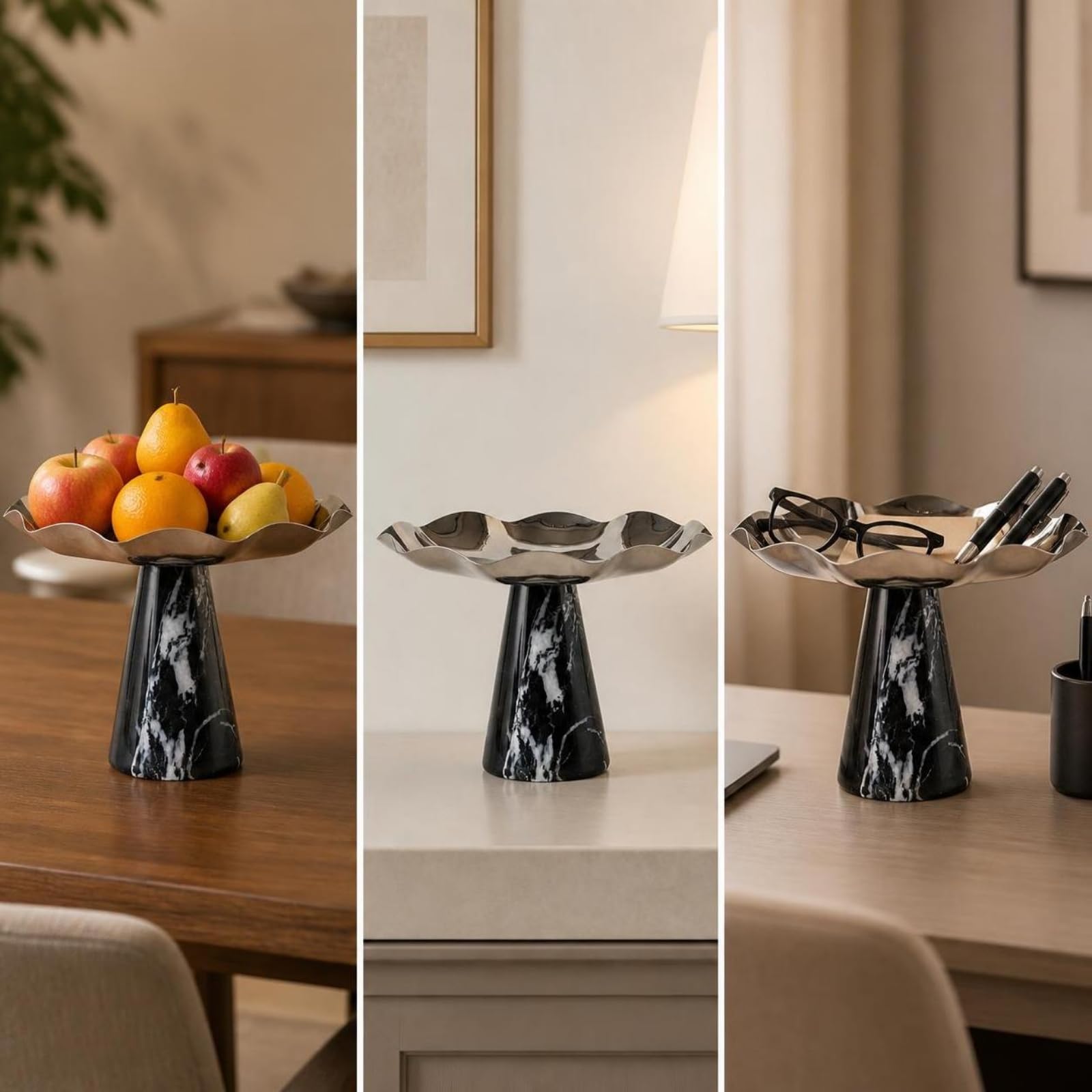 Milageto Modern Schale mit gewelltem Rand | Elegantes Design für Tischdeko, Obstschale mit Marmorfuß, Präsentierteller, Esstisch, Wohnzimmertisch, Ästheten
