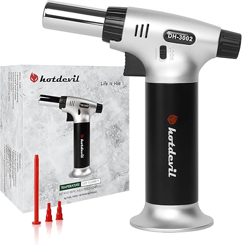 Hotdevil Antorcha de butano recargable de 0.32 oz, tanque de cocina, soplete de soplete con bloqueo de seguridad, ajuste de llama ajustable, para